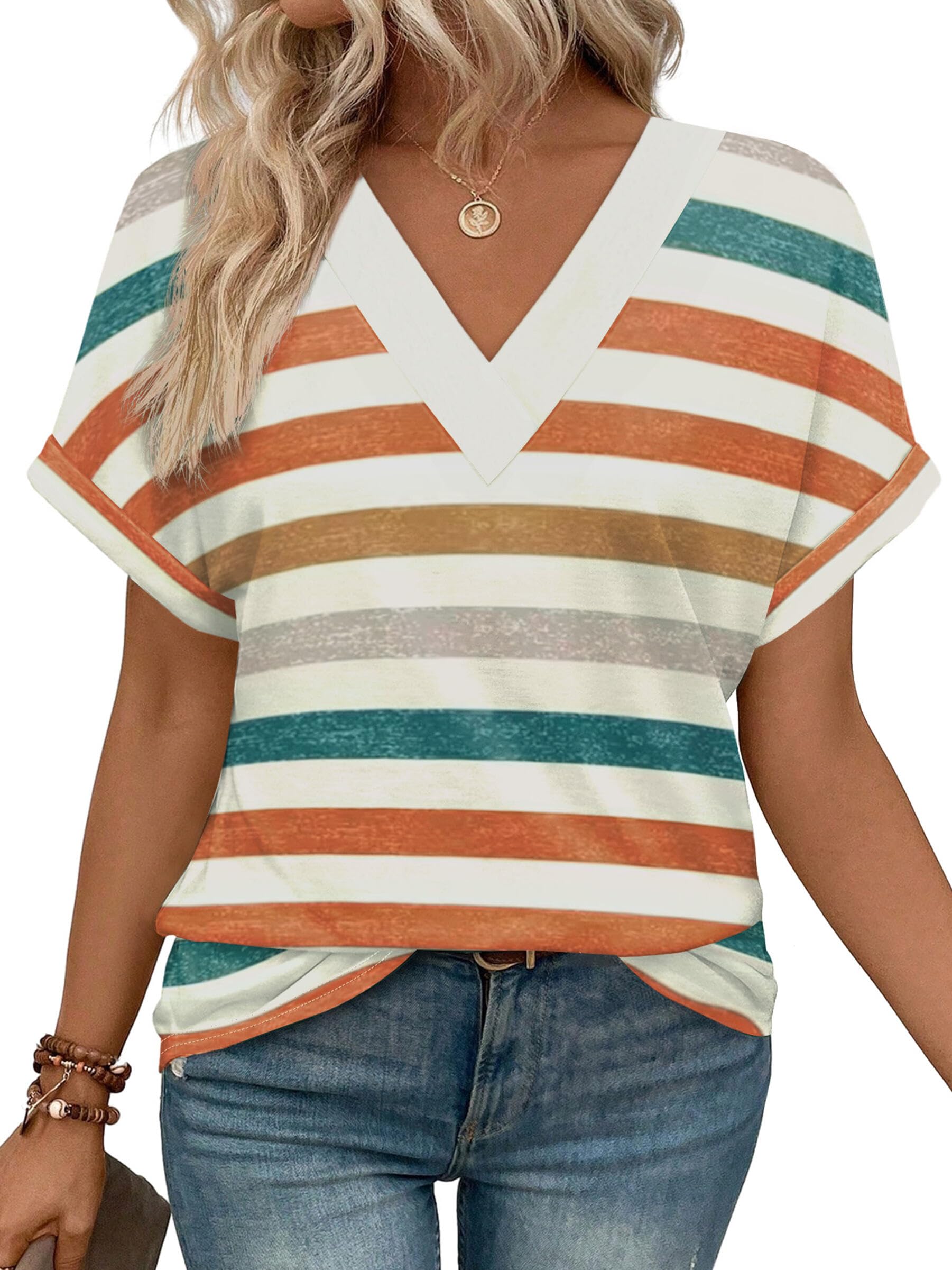WIHOLL Tshirts Shirts for Women Summer Tops 2025 Spring Short Sleeve Dressy Beach Vacation Clothes Blouses Casual Outfits Orange Stripes XL