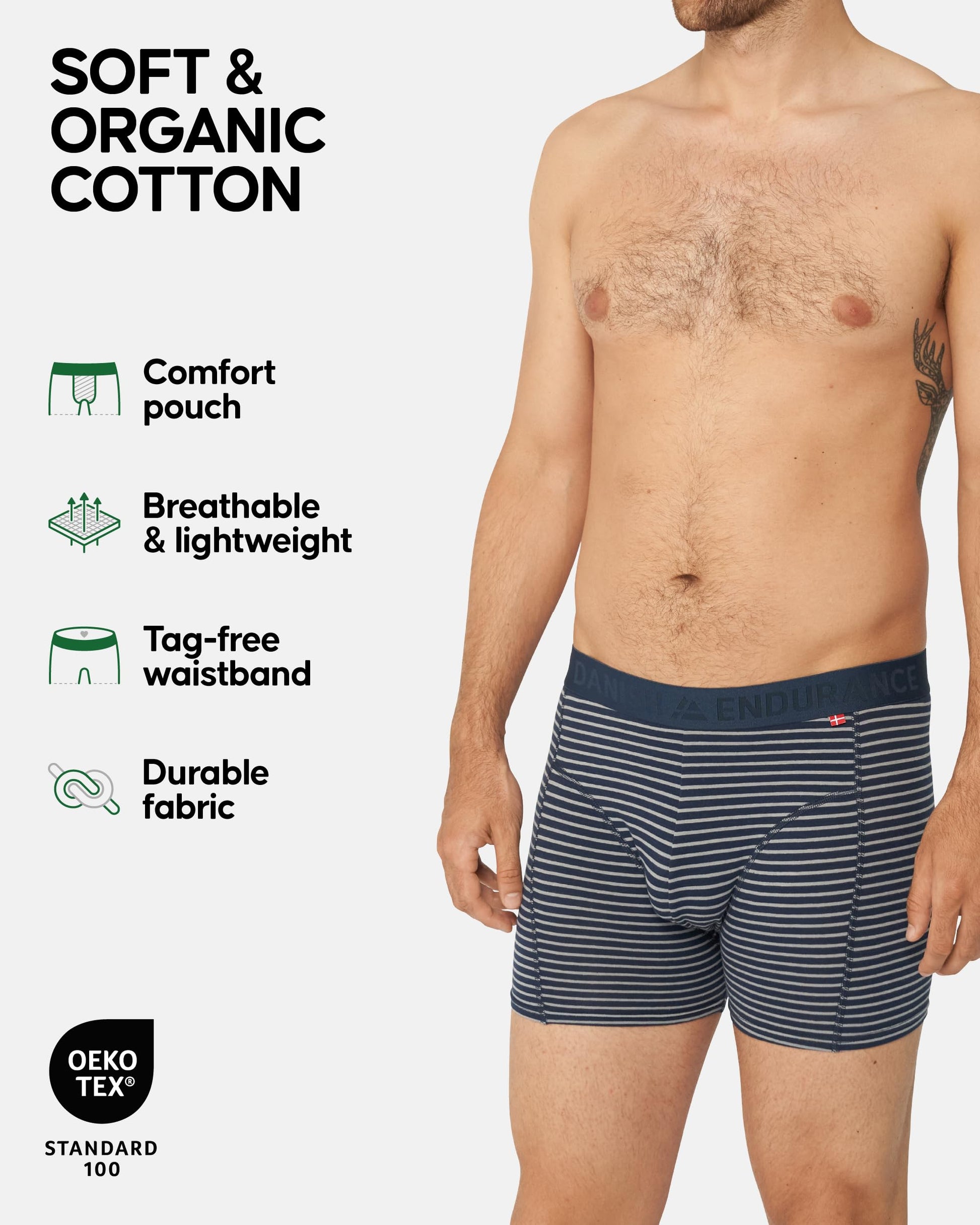 DANISH ENDURANCE 6 Pack Men's Organic Cotton Boxer Briefs, Tag-free Underwear Medium MC (2xBlack Stripe, 1xBlack, 1xNavy, 2xNavy Stripe) 6-pack