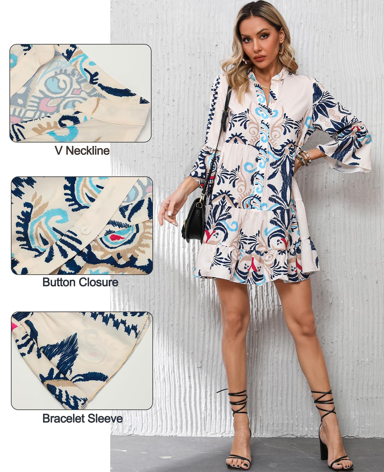 SELINK Womens Long Sleeve Dresses Casual V Neck Tribal Print Button Flowy Boho Mini Beach Dress Beige-M