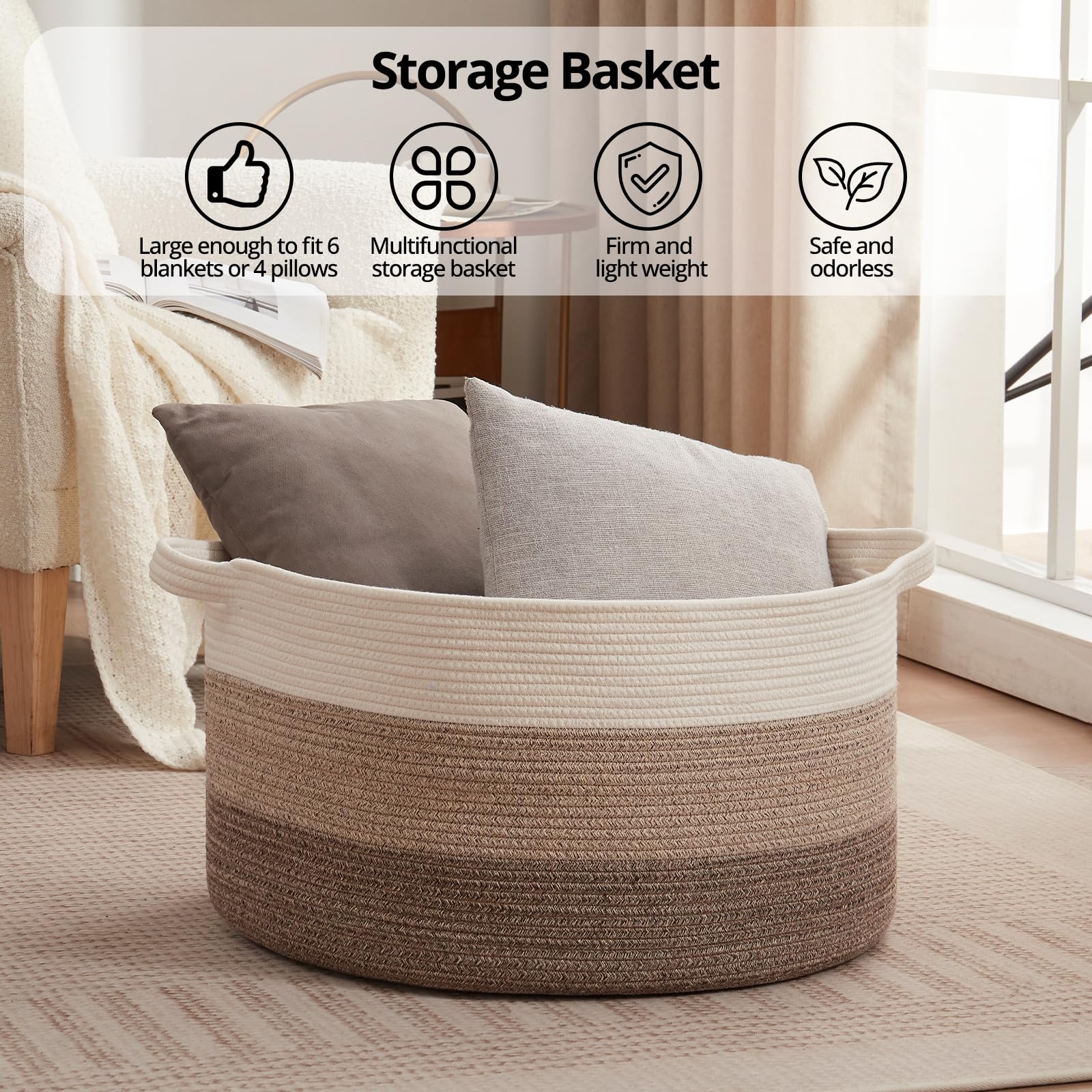 OIAHOMY Extra Large Storage Basket, 23" x 13" Woven Blanket Storage for Living Room, Round Laundry Basket for Pillow - Gradient Brown
