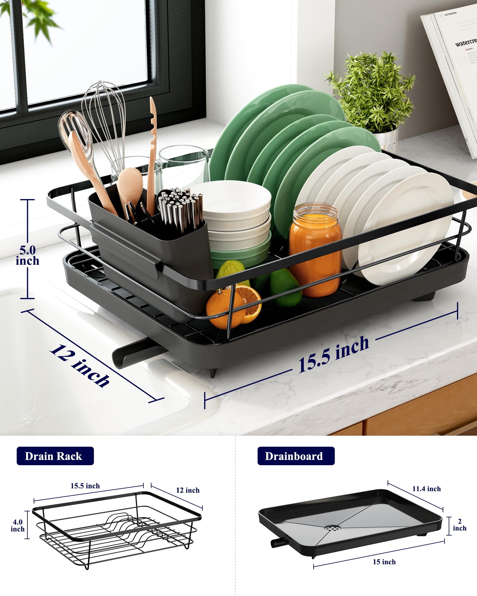 Kitsure Dish Drying Rack for Kitchen Counter, Stainless Steel Sink Organization and Storage Essentials with Cutlery Holder, Home and Appartment Decor, 12''W x 15.5''L, Black