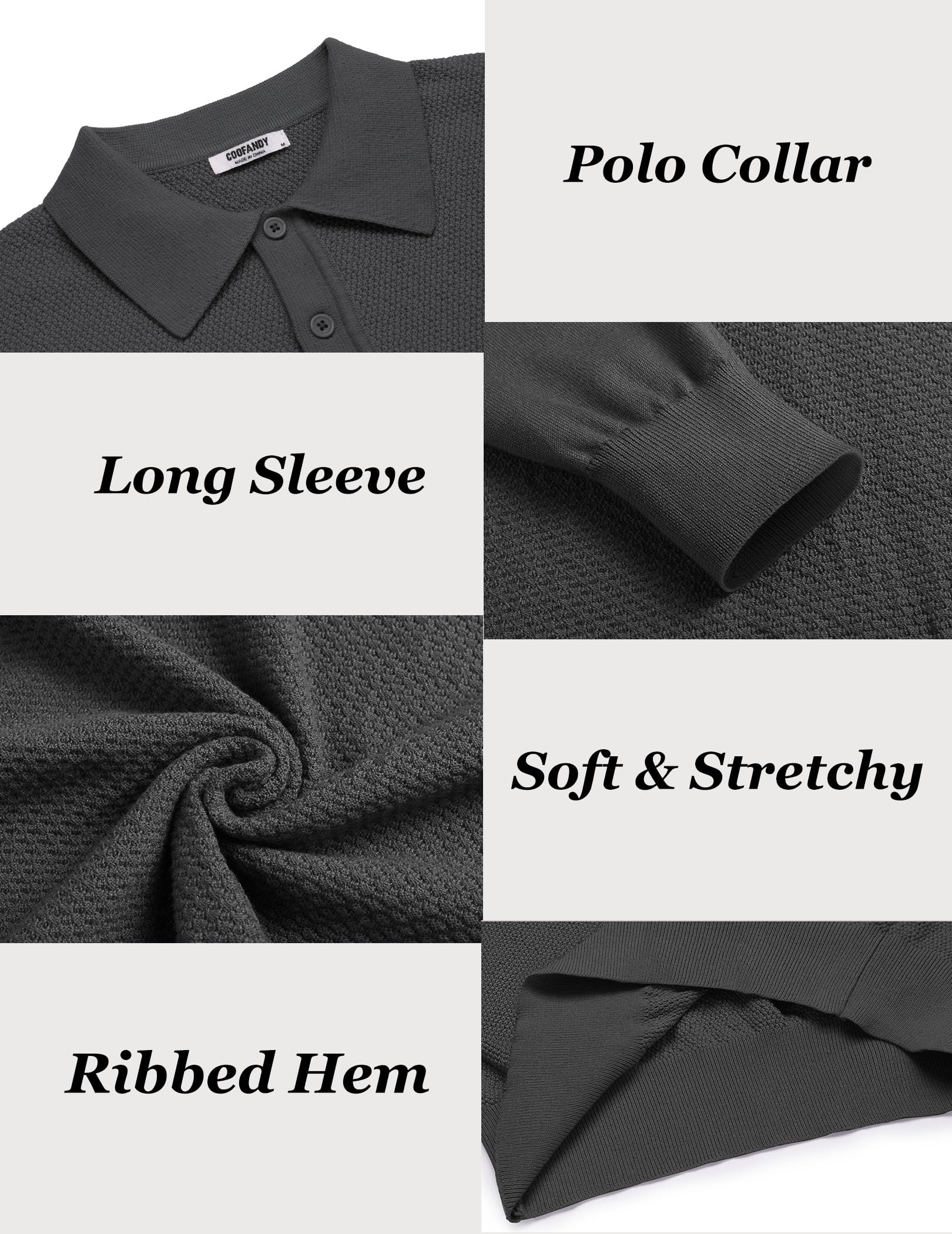 COOFANDY Men's Long Sleeve Polo Sweater Dress Knit Golf Polo Collared Sweater Muscle Slim Fit T Sweaters Dark Gray