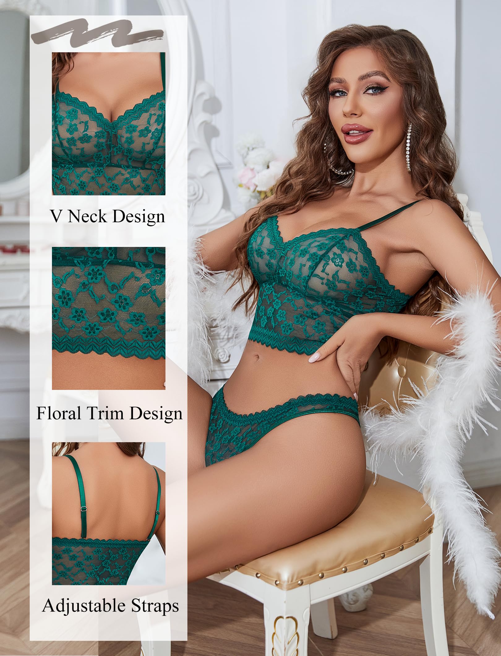 Avidlove Lingerie Sets for Women Sexy Sheer Lace Pajamas Bra and Panty Sets 2 Piece Nightwear Green