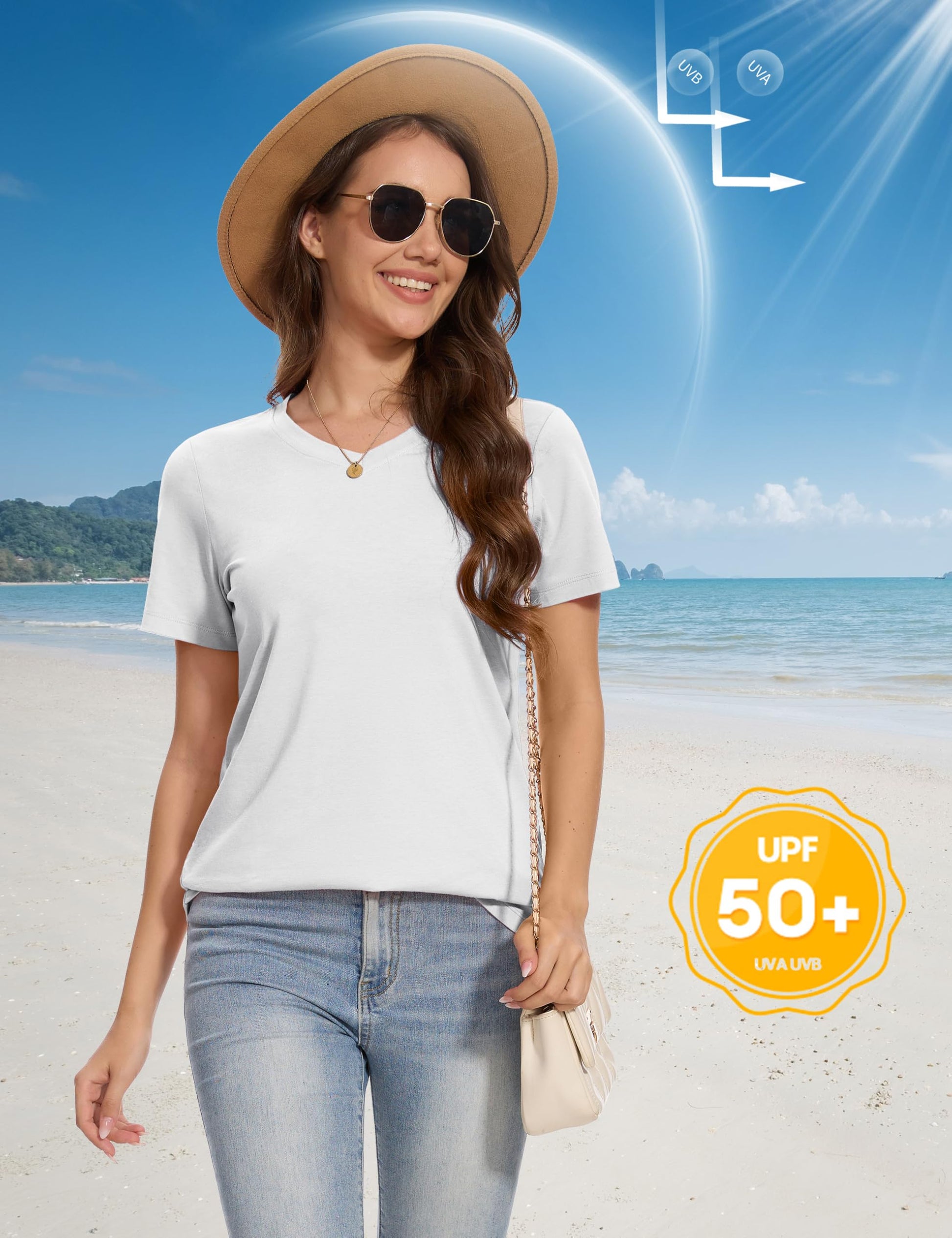 MAGCOMSEN Women's T Shirts Short Sleeve V Neck Shirts Casual Basic Tee Tops Summer Fashion Outfits UPF 50+ White XL