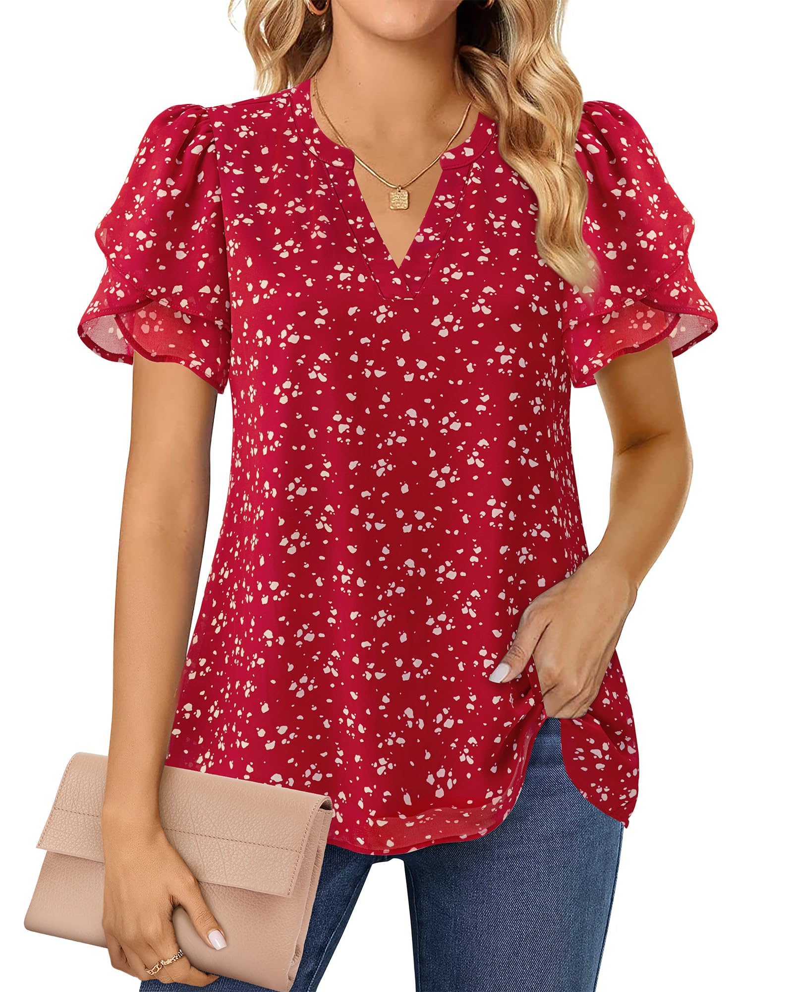 Lotusmile Women's Dressy Summer Tops - Polka Dot Blouses, Chiffon Casual Sophisticated Short Sleeve Tops for Petite Women