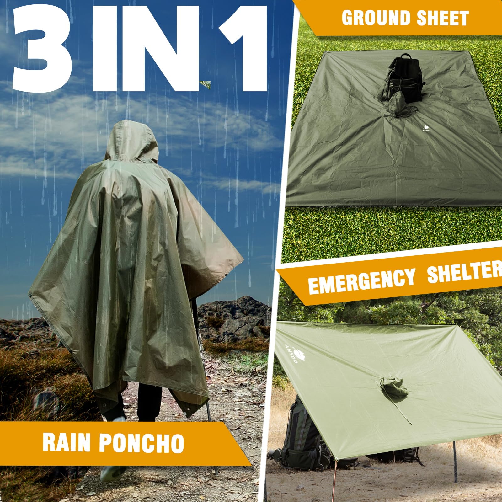 ANYOO Hooded Rain Poncho for Adults Waterproof Lightweight Rain Coats for Men Women Reusable Rain Jacket for Emergency Camping Outdoor Activities(Army Green) One Size