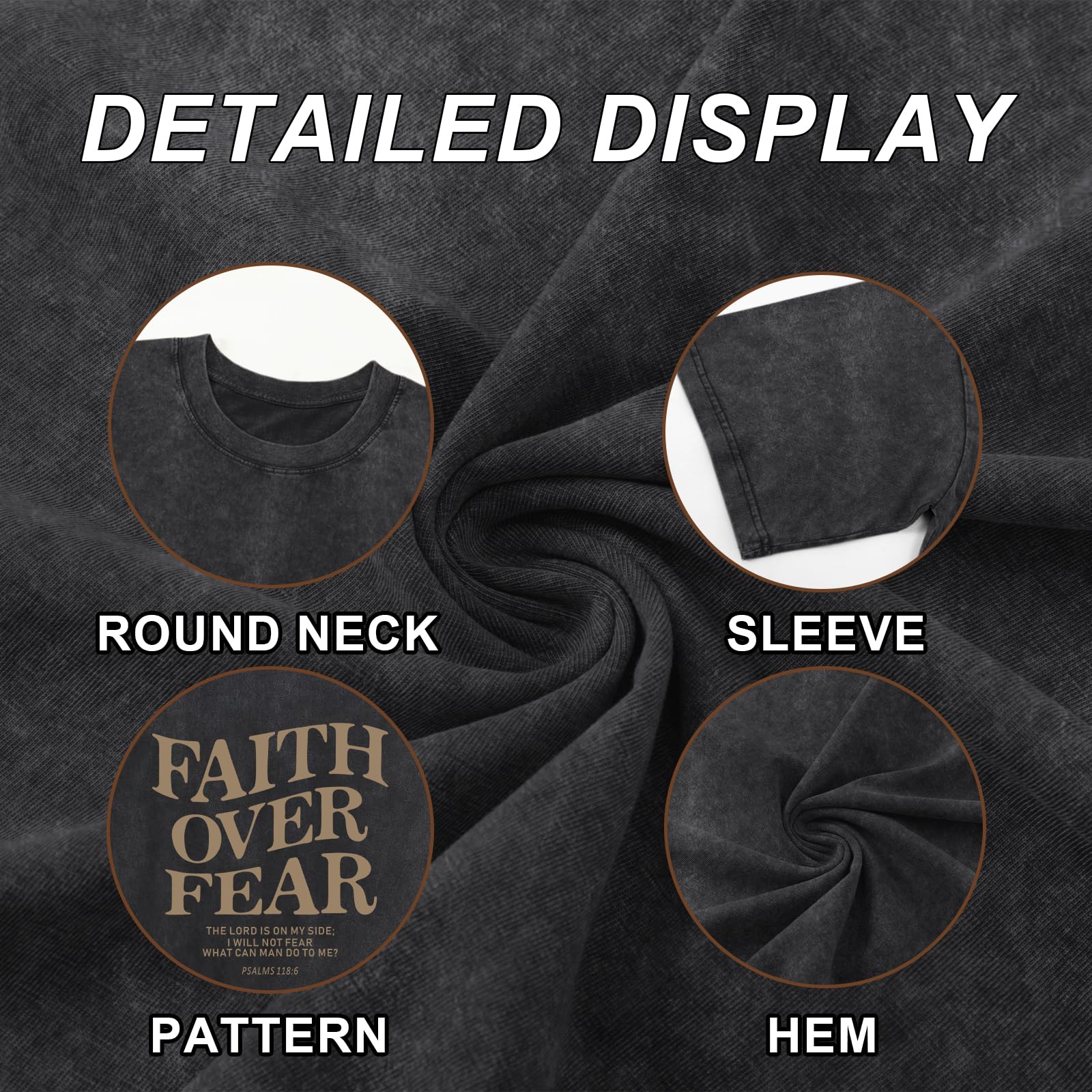 Weetiotio Christian Faith Over Fear Shirt for Men Jesus Religious Shirts Oversized Graphic Tees Acid Wash God T-Shirt(Black,M)