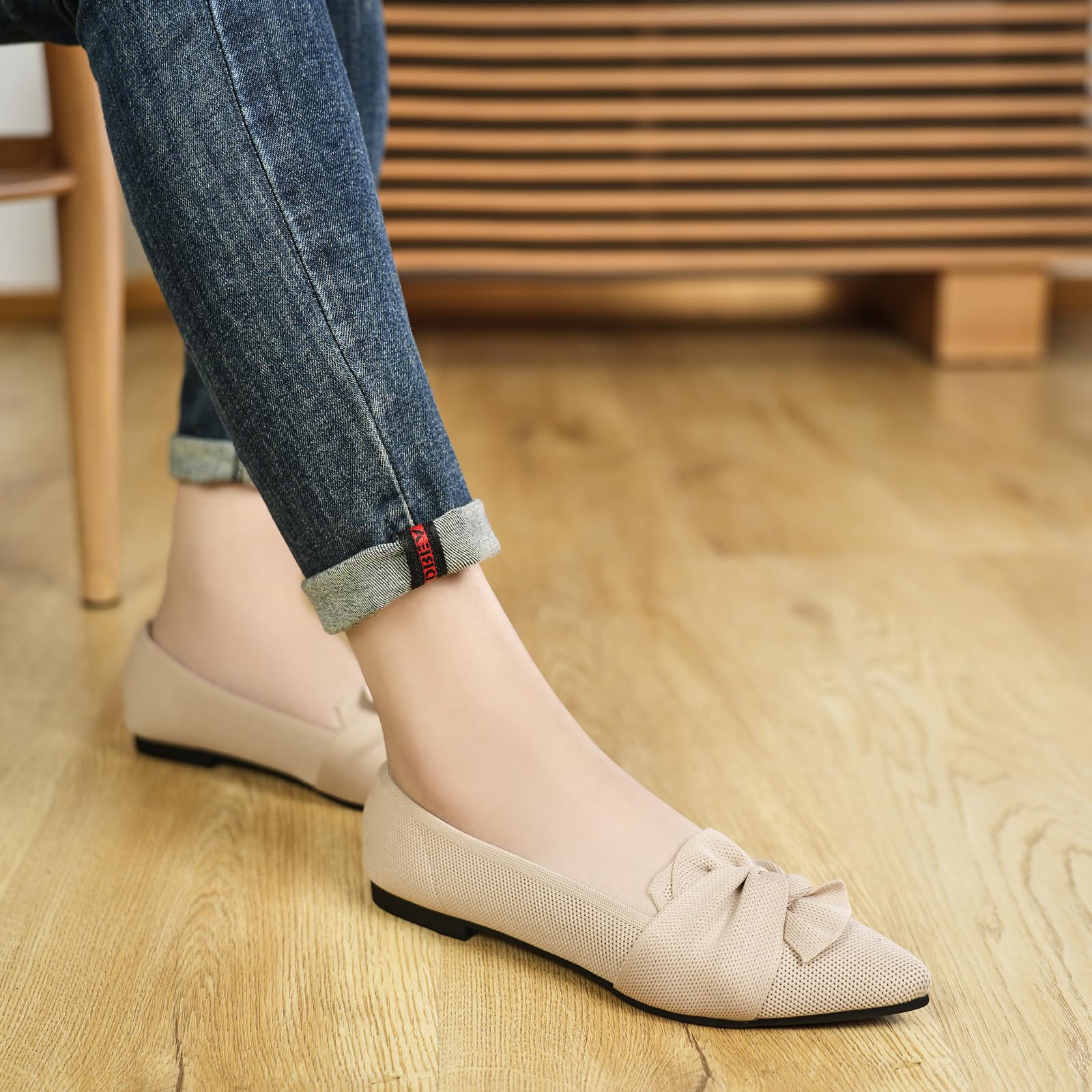 HIULYCENCE Flats for Women Pointed Toe Ballet Flats with Bow Comfortable Knit Dressy Flats Nude US9