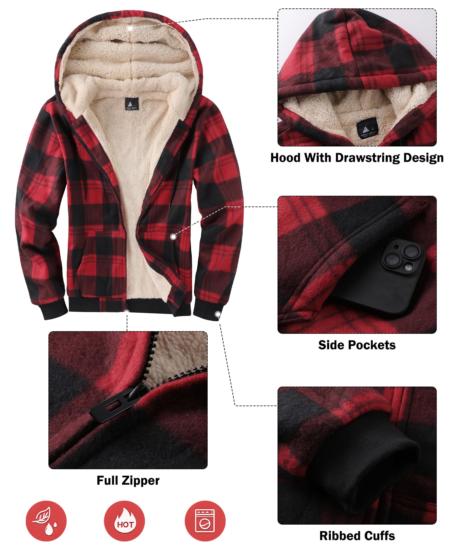 WENTTUO Mens Sherpa Lined Full Zip Up Hooded Plaid Shirt Jacket Warm and Comfortable Sweatshirts Winter Wool Heavyweight Jacket Large