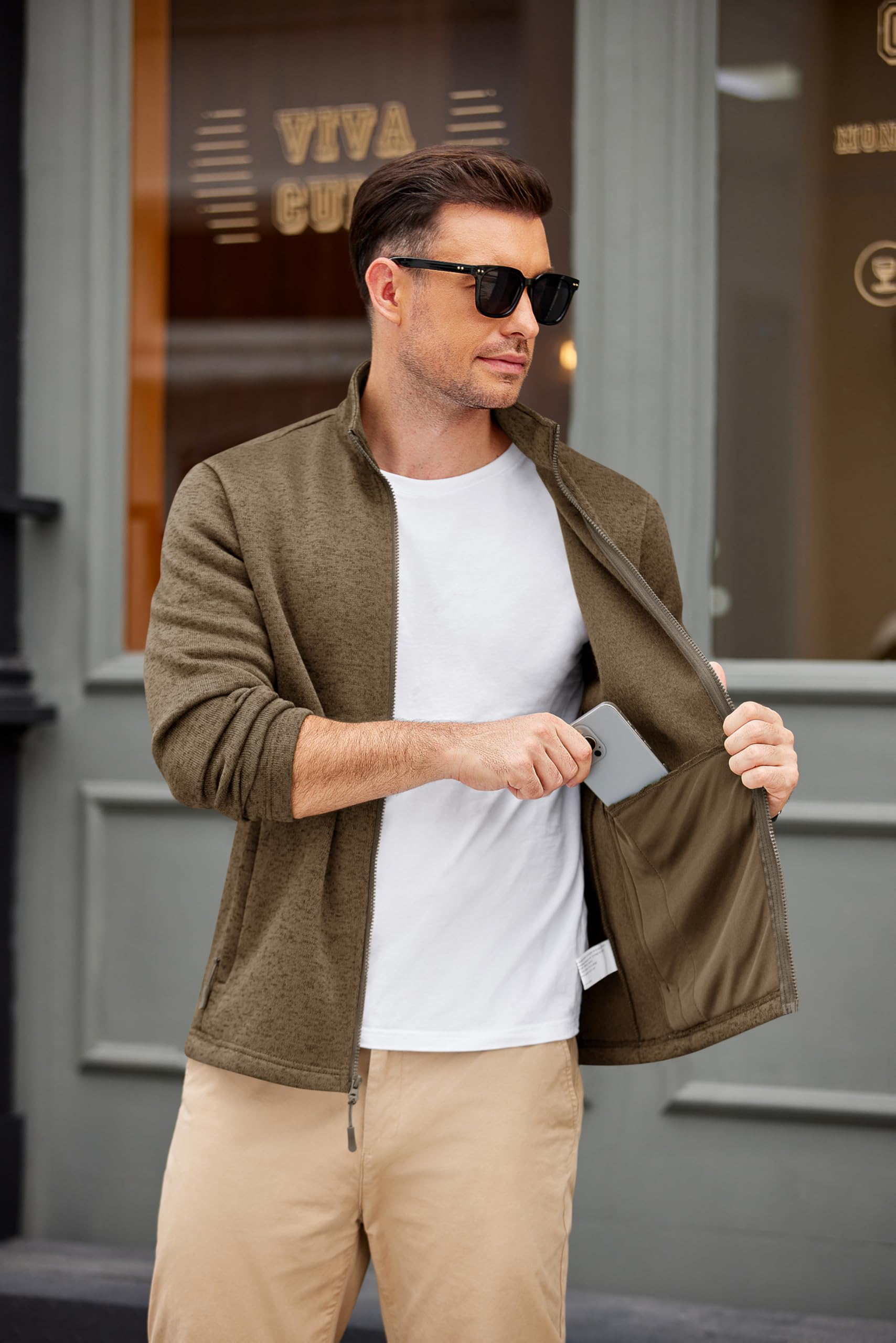 COOFANDY Light Fleece Jackets for Men Lightweight Fall Sweater Jacket Stand Collar for Outdoor Camping,Brown,L