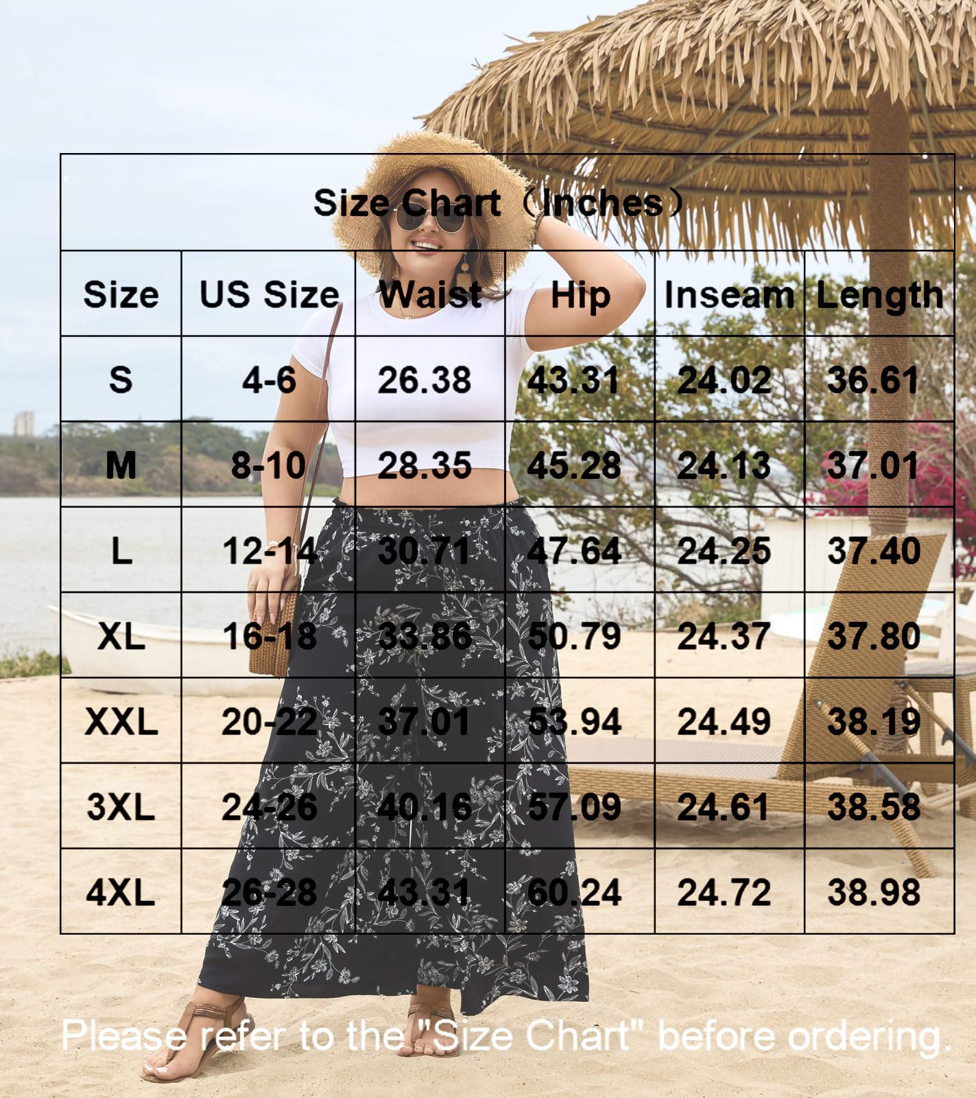 Bestbee Womens Plus Size Palazzo Pants Dressy Casual Wide Leg Slacks Elastic Waist Business Flowy Pants with Pockets, XL, Black-White Flower