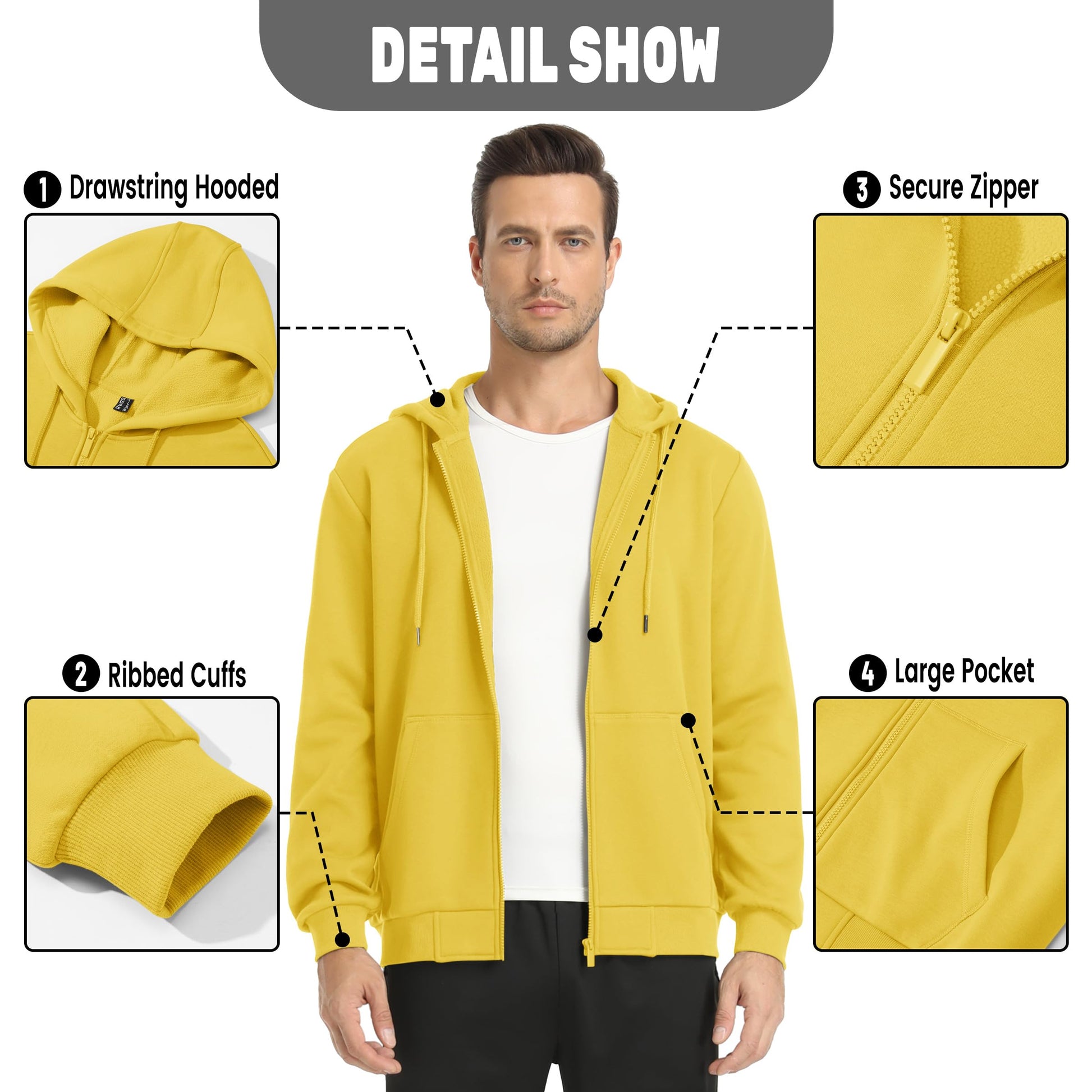 TACVASEN Mens Full Zip Hoodie Fleece Sweatshirt Hoodies Casual Jacket Zipper Hoodies Outdoor Athletic Yellow M