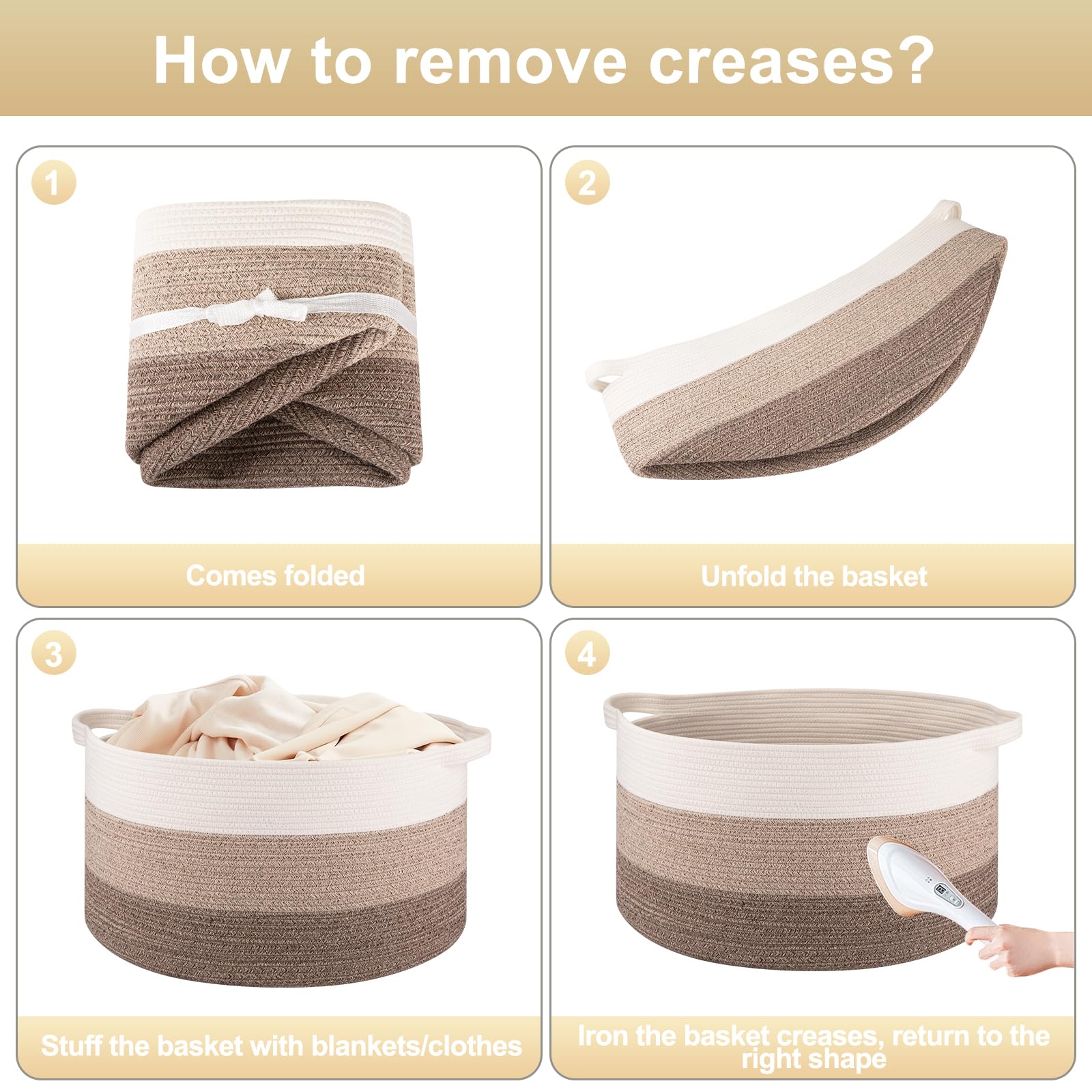 OIAHOMY Extra Large Storage Basket, 23" x 13" Woven Blanket Storage for Living Room, Round Laundry Basket for Pillow - Gradient Brown