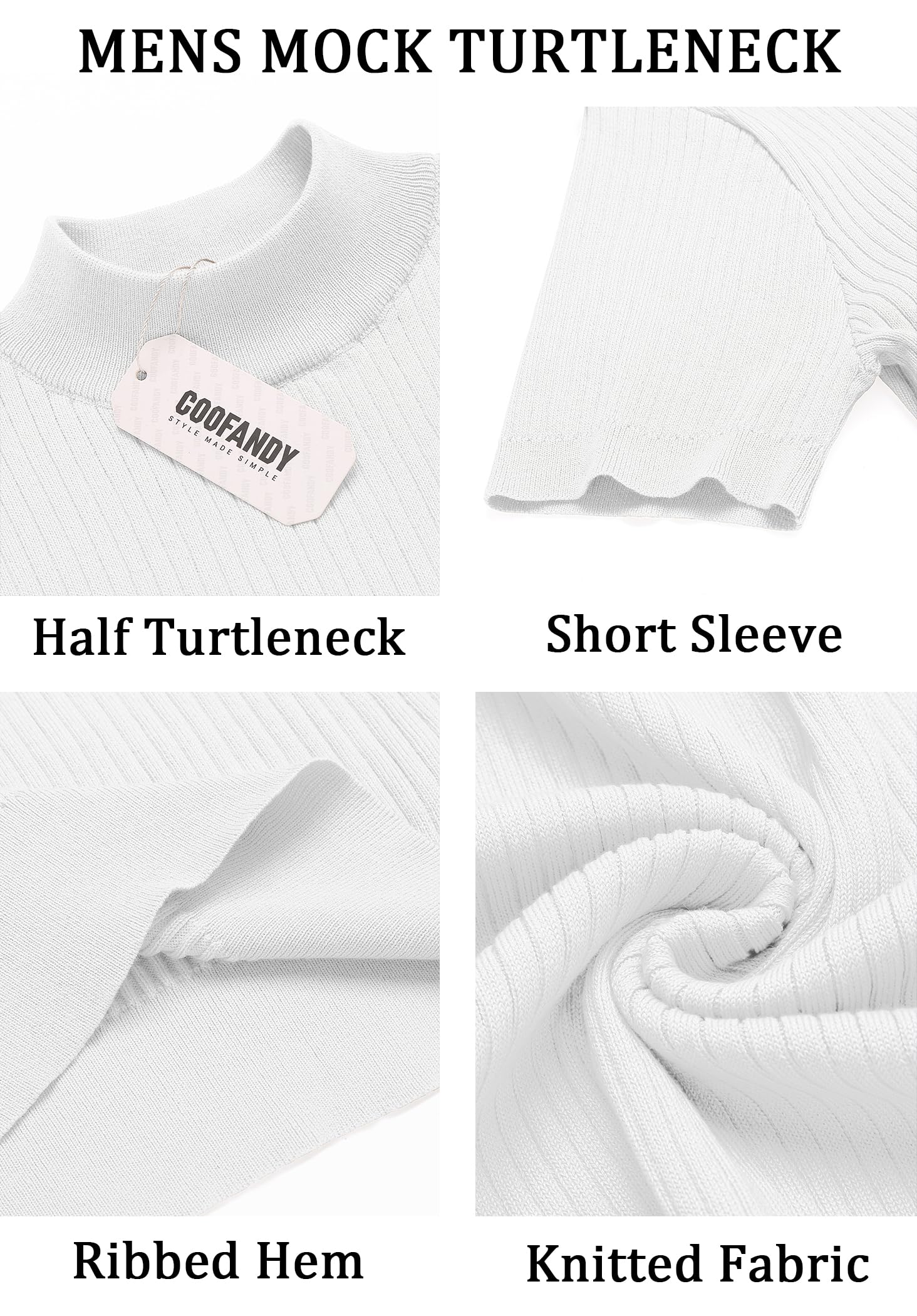 COOFANDY Men's Mock Turtleneck Knit Sweater Short Sleeve Pullover Casual Basic Tops Solid Tee White Sweater