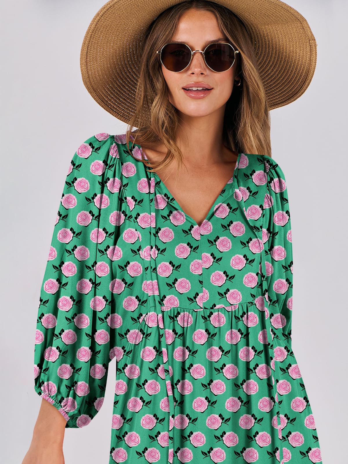 ANRABESS Womens Boho Maxi Dresses 2025 Summer V Neck Puff Sleeve Floral Flowy Swing Fall Casual Long Dress Green Small