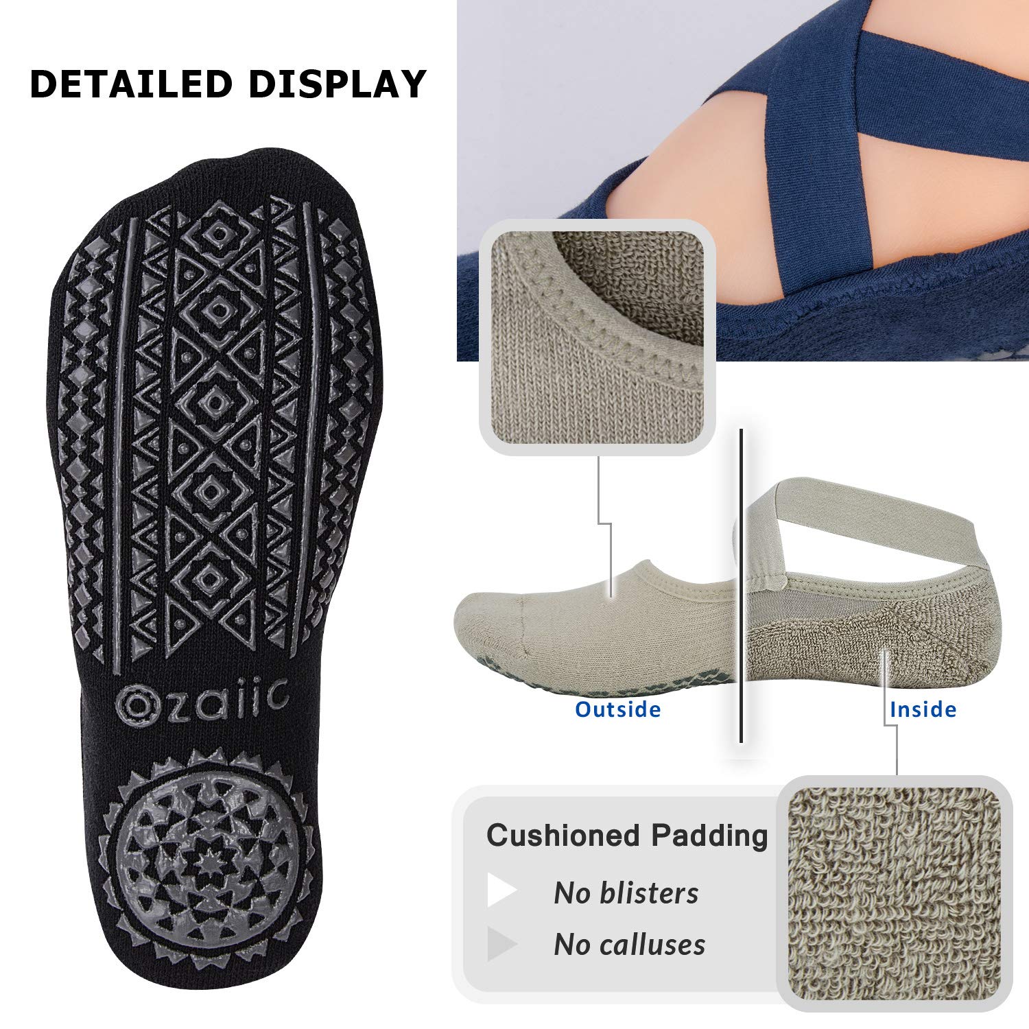 Ozaiic Non Slip Socks for Yoga Pilates Barre Fitness Hospital Socks for Women (3 Pairs - Olive Green/Black/Navy)