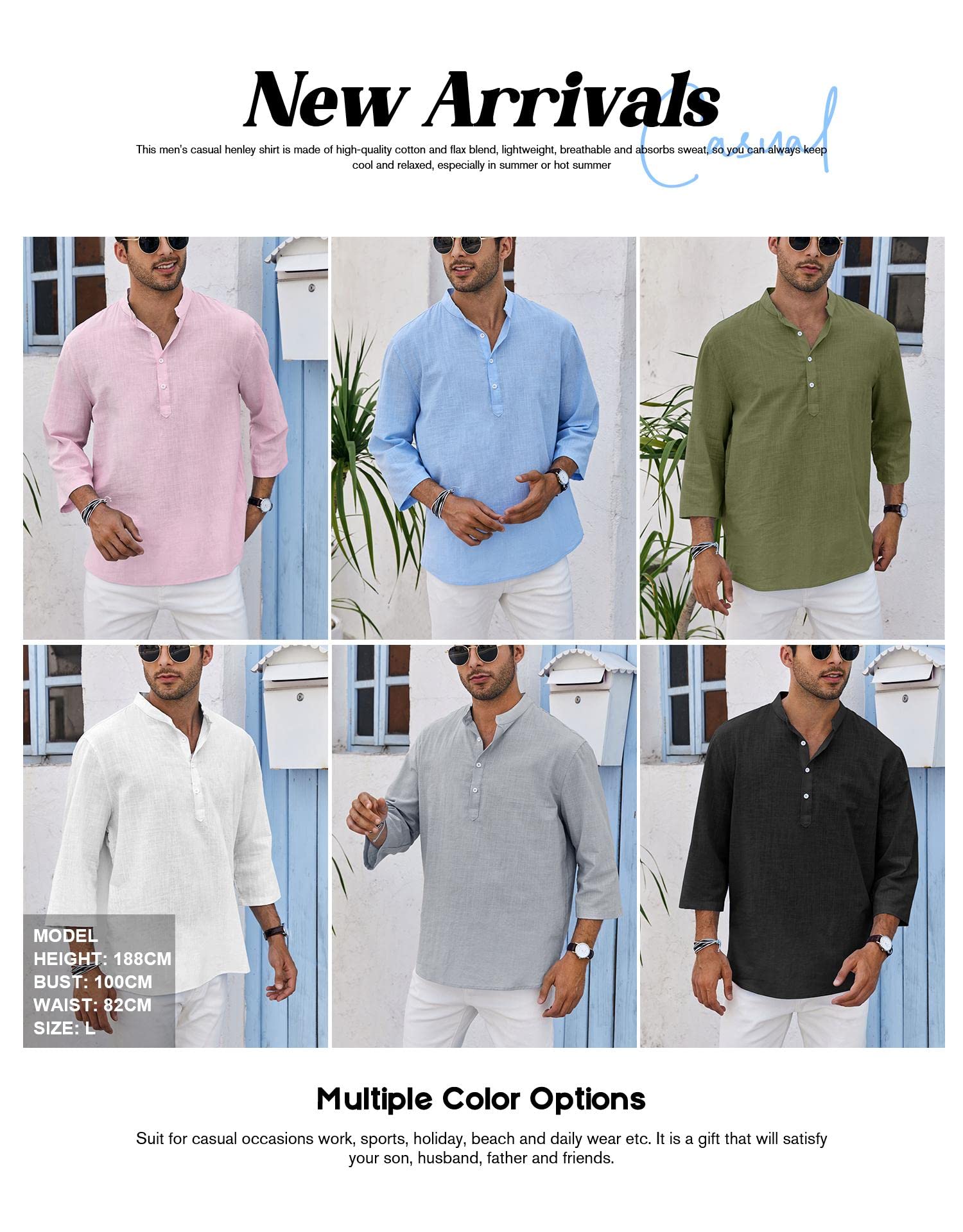 Ryannology Mens Linen Shirts Henley 3/4 Sleeve Casual Cotton T-Shirt Regular-Fit Lightweight Beach Yoga Tunic Tops