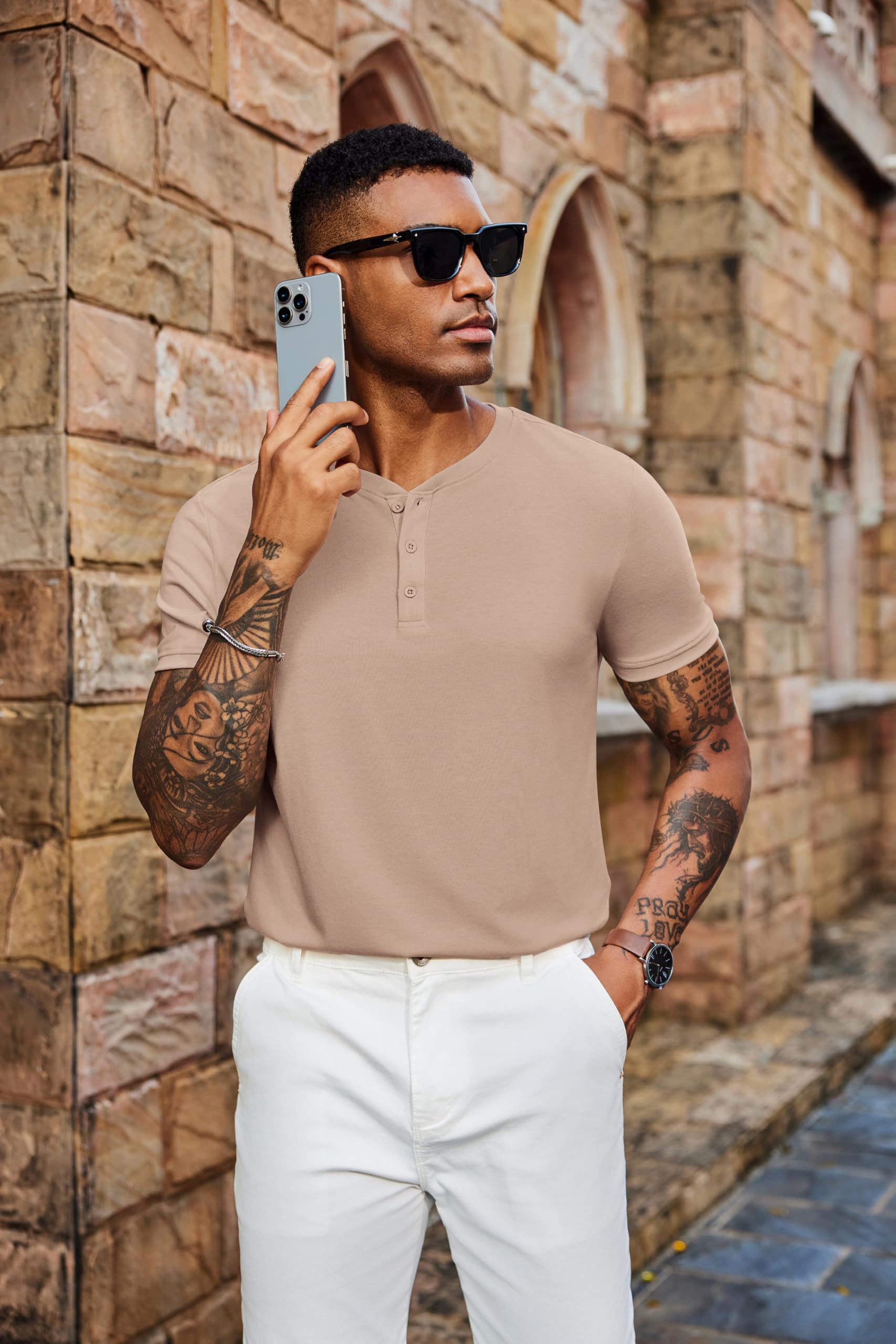 COOFANDY Men's Henley Shirts Short Sleeve Casual Summer Basic Tee Solid Button T-Shirts Light Khaki