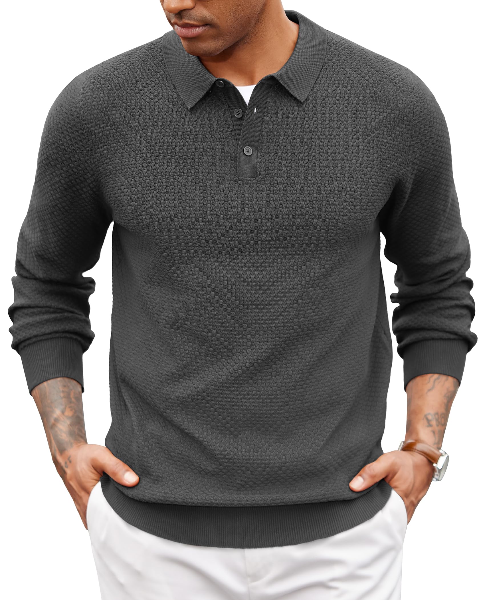 COOFANDY Men's Long Sleeve Polo Sweater Dress Knit Golf Polo Collared Sweater Muscle Slim Fit T Sweaters Dark Gray