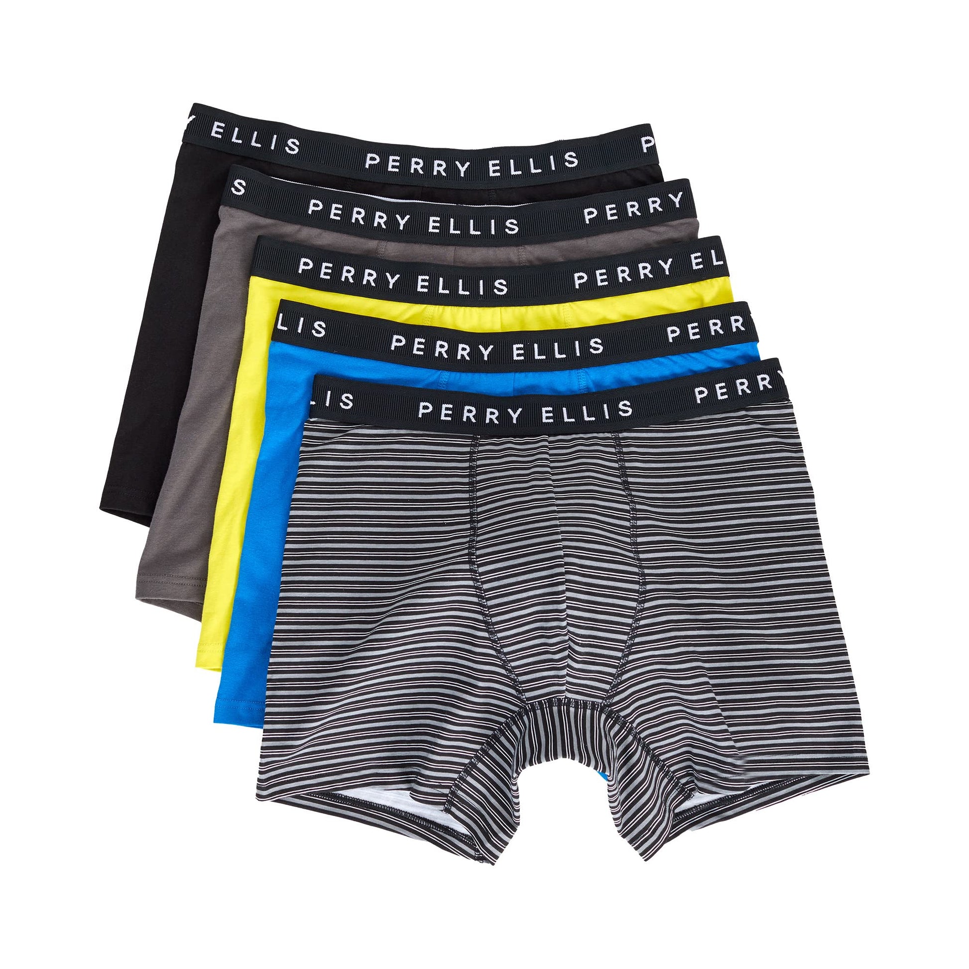 Perry Ellis Men's Cotton Stretch Boxer Briefs, Tagless, No Roll Waistband, 5 Pack, Magnet/Classic Blue/Sulphur Spring/Black Stripe/Black Beauty