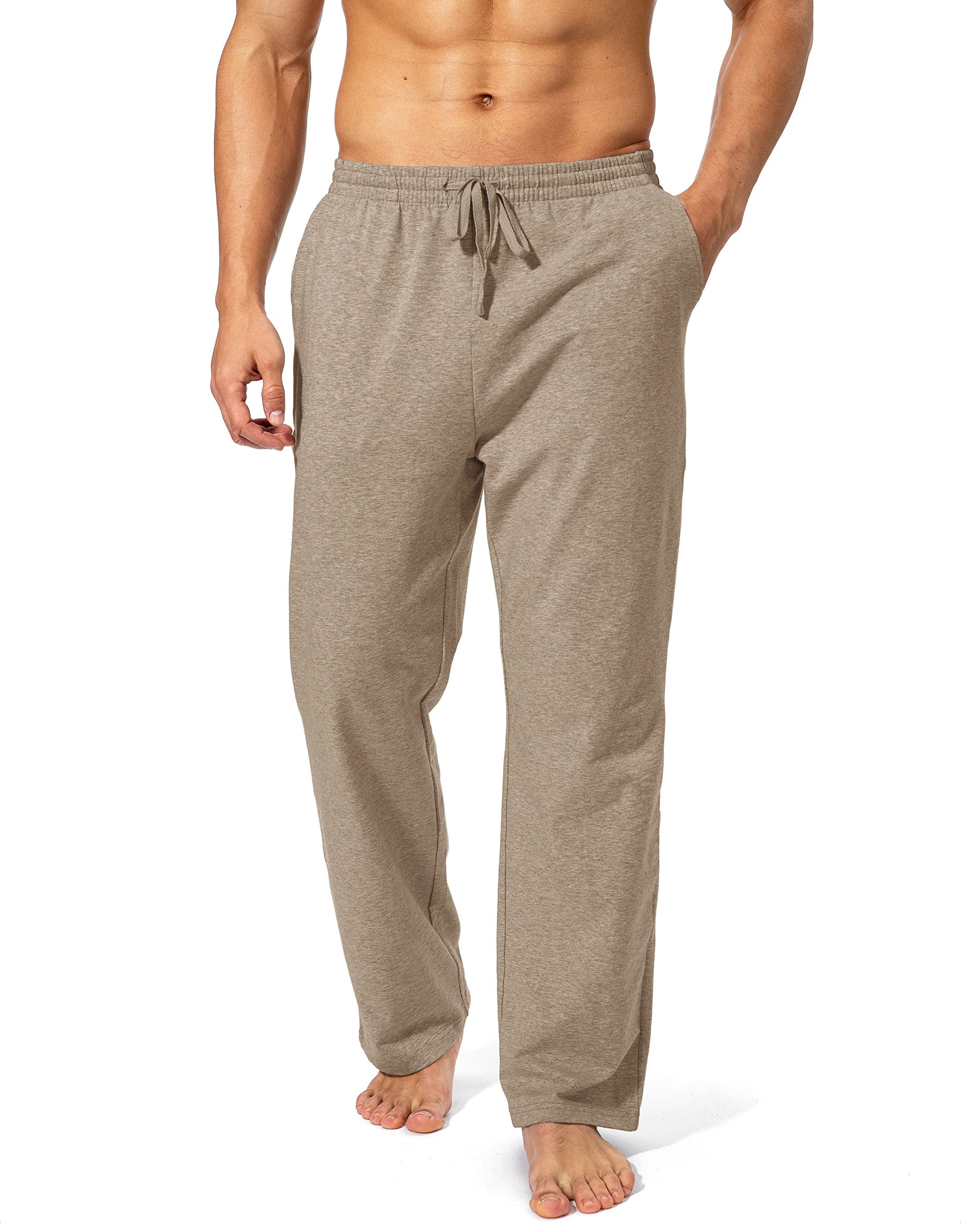 Pudolla Men's Cotton Yoga Sweatpants Athletic Lounge Pants Open Bottom Casual Jersey Pants for Men with Pockets (Khaki X-Large)
