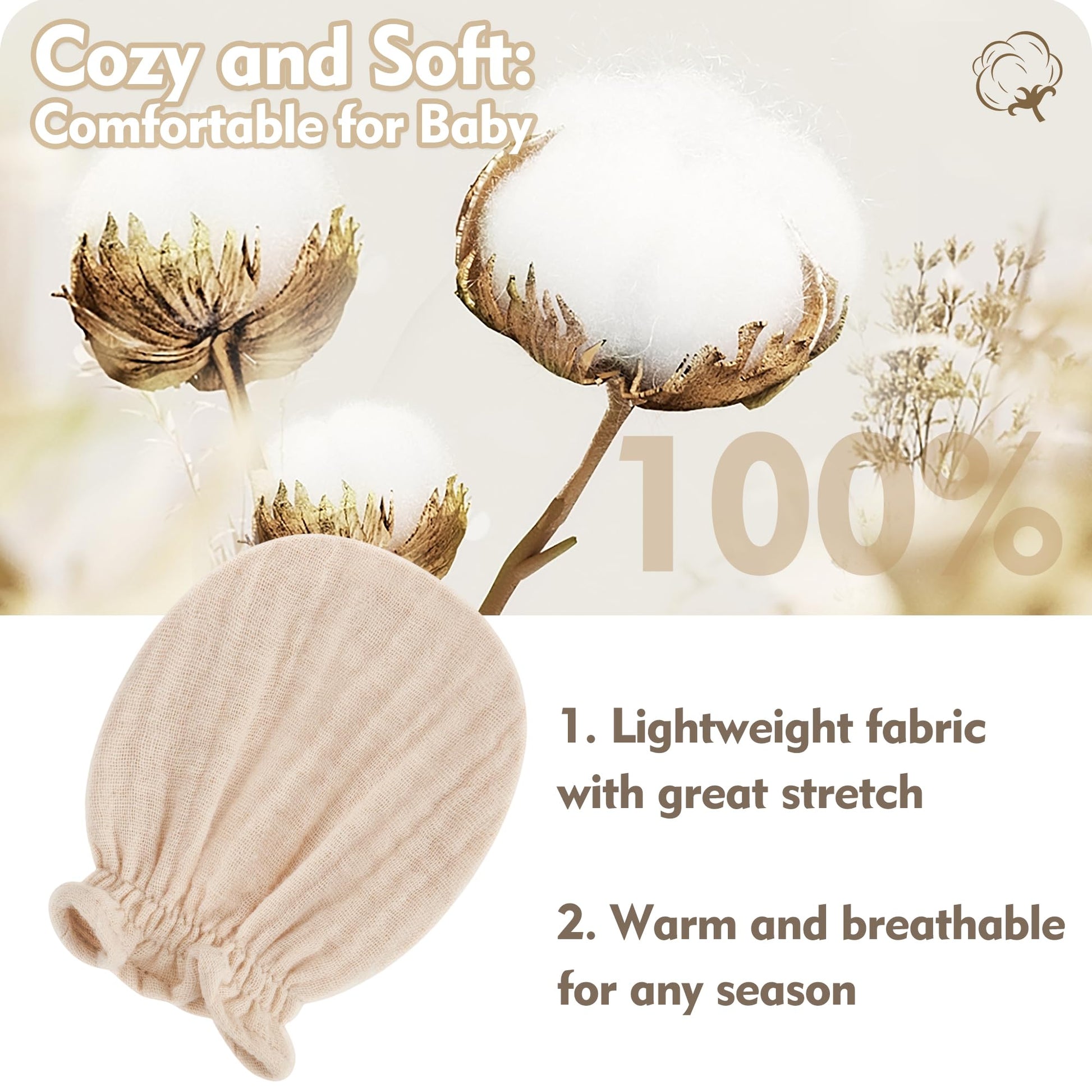 Pro Goleem 3-Pack Muslin Baby Mittens for Newborn, 100% Cotton No Scratch Soft Breathable Gloves with Elastic Strap for Baby Boy and Girls 0-6 months, Brown Beige Grey