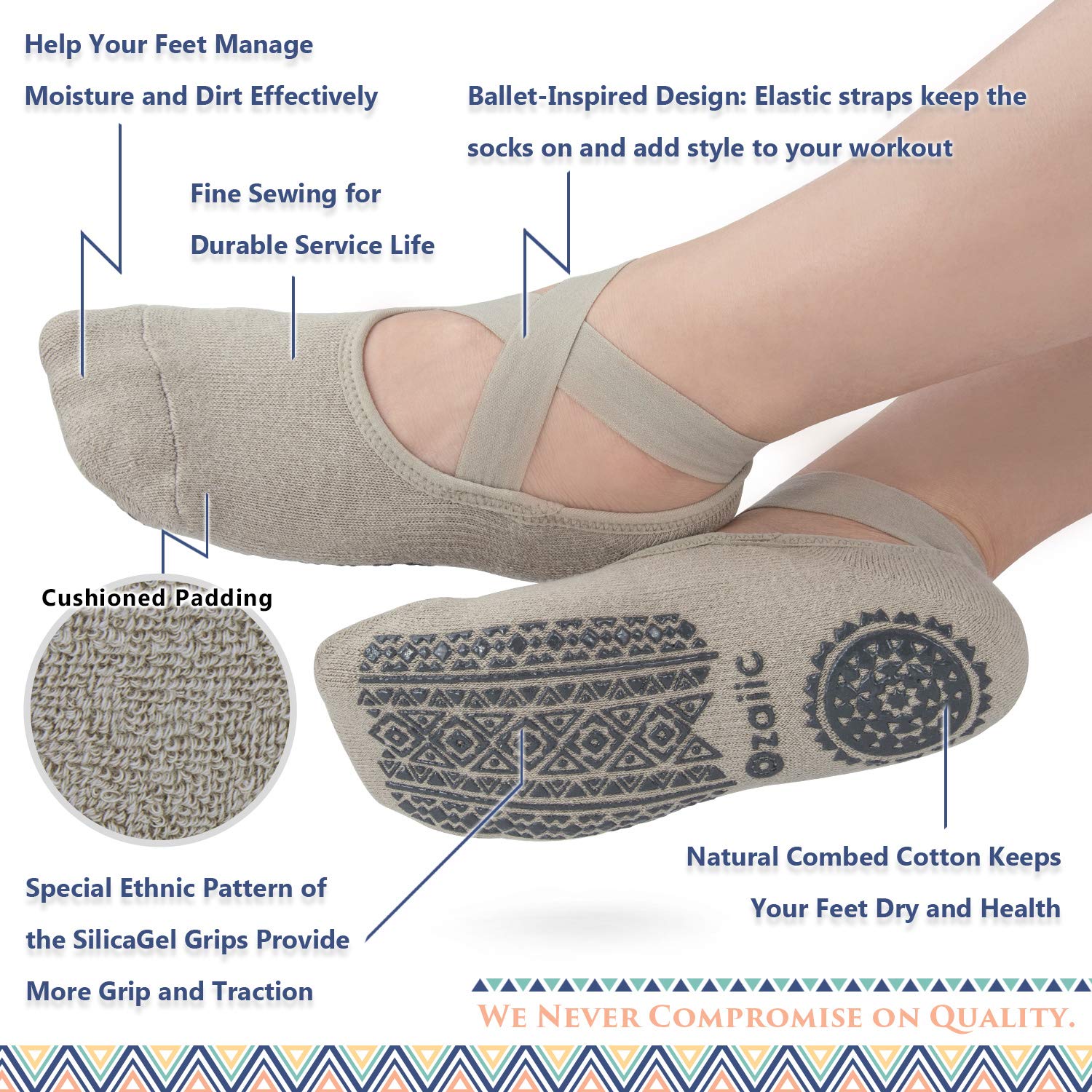 Ozaiic Non Slip Socks for Yoga Pilates Barre Fitness Hospital Socks for Women (3 Pairs - Olive Green/Black/Navy)