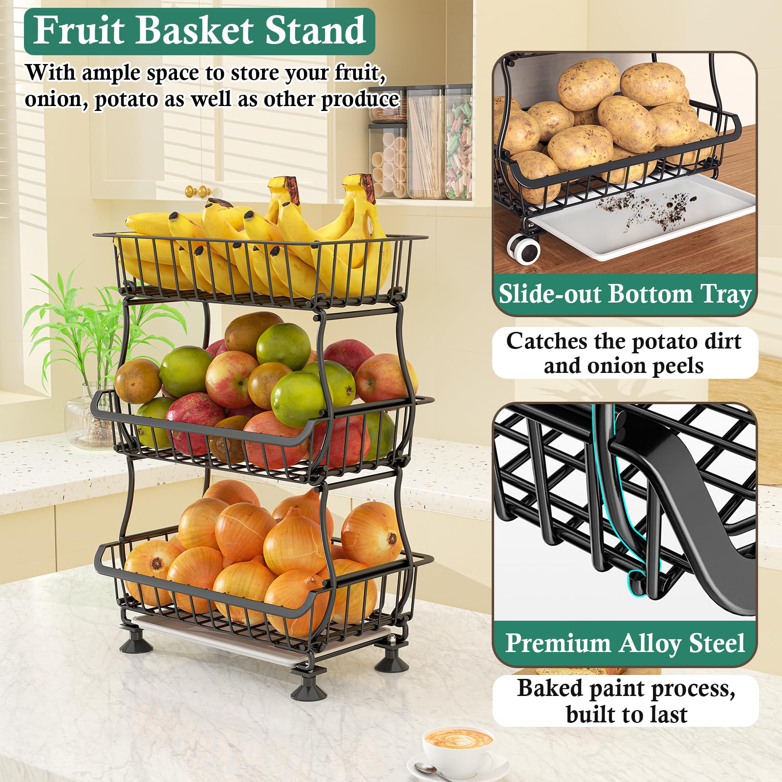 OKZEST 3-Tier Rolling Pantry Floor Organizer and Storage Cart with Wheels, Stackable Wire Pantry Baskets for Pantry Shelves, Kitchen Fruit Basket Stand and Storage Rack for Fruit Snack Onion Potato
