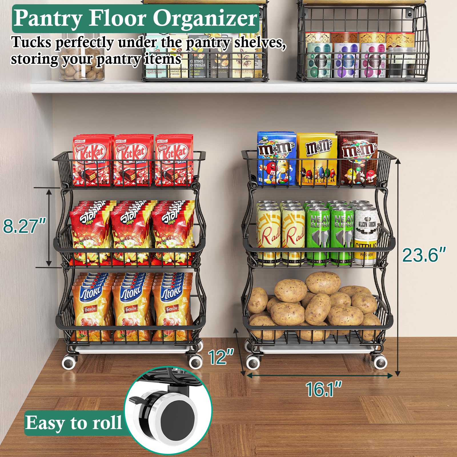 OKZEST 3-Tier Rolling Pantry Floor Organizer and Storage Cart with Wheels, Stackable Wire Pantry Baskets for Pantry Shelves, Kitchen Fruit Basket Stand and Storage Rack for Fruit Snack Onion Potato
