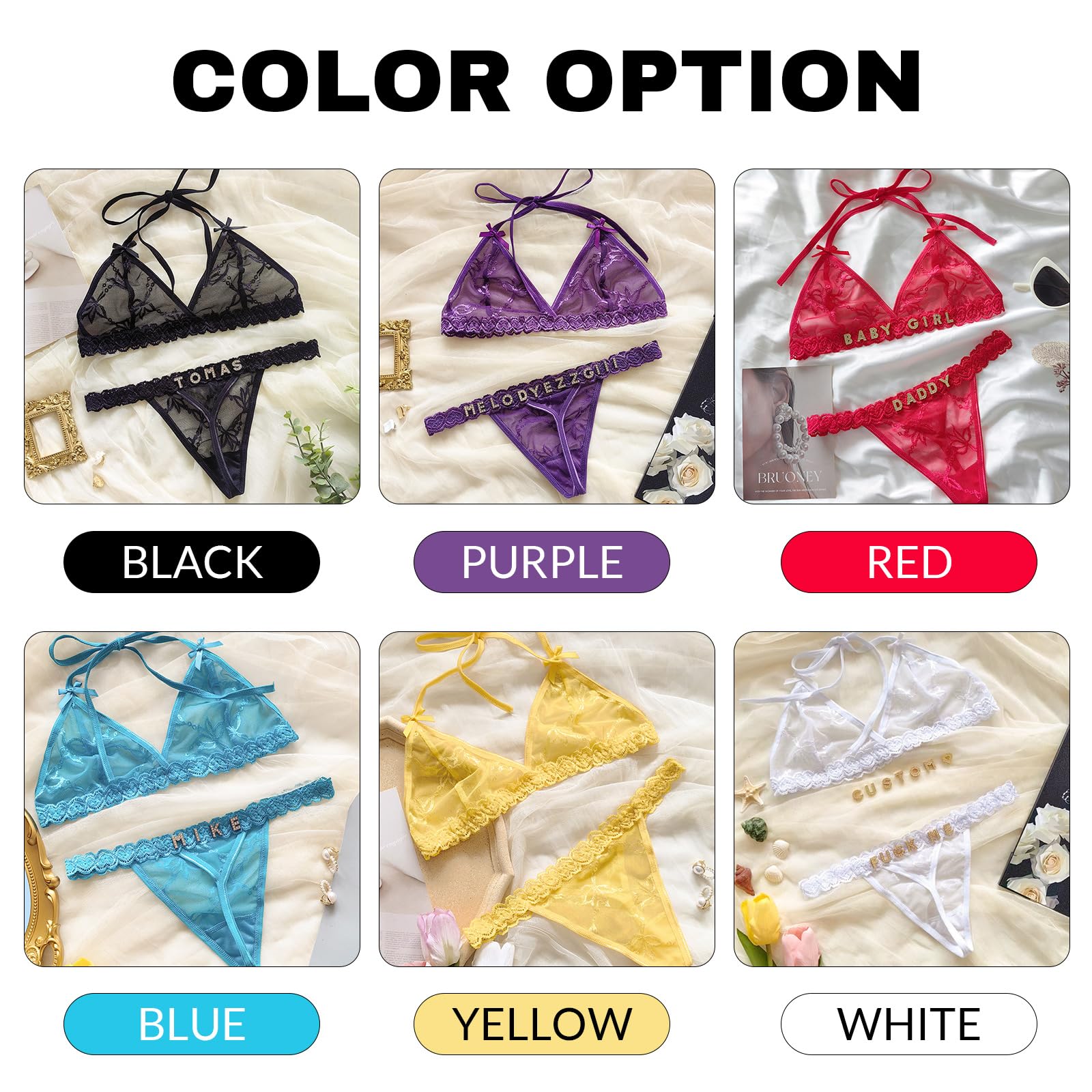Oqeiplx Personalized Thongs with Names Bra Set,Custom Sexy Lace Thongs with Name,Personalized Underwear Panties Lace Bikini Set for Women