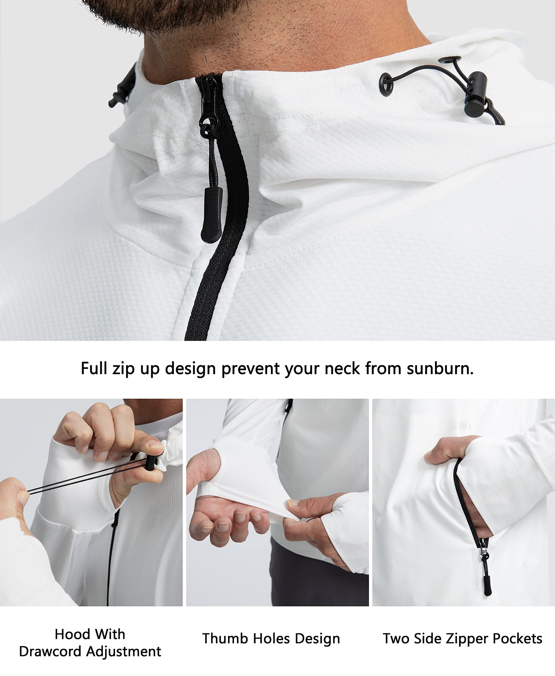 Men's UPF 50+ Light Jacket Full Zip Sun Protection Hoodie Long Sleeve Sun Shirts for Men Hiking Fishing Zip Pockets(White_L)