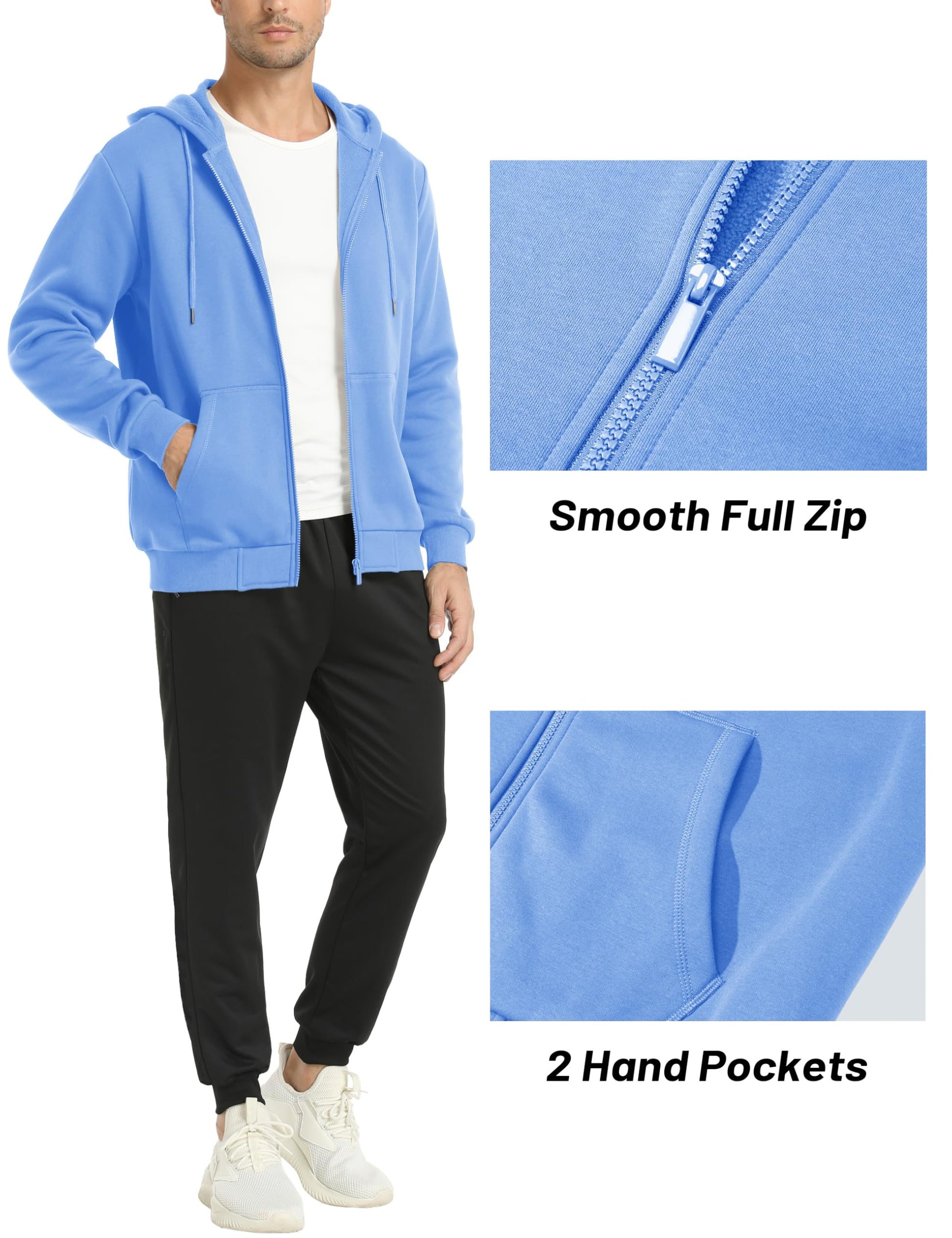MAGCOMSEN Fleece Hoodie Men Full Zip Athletic Long Sleeve Hooded Sweatshirts with Pockets Lightweigt Zip Hoodie Men Light Blue L