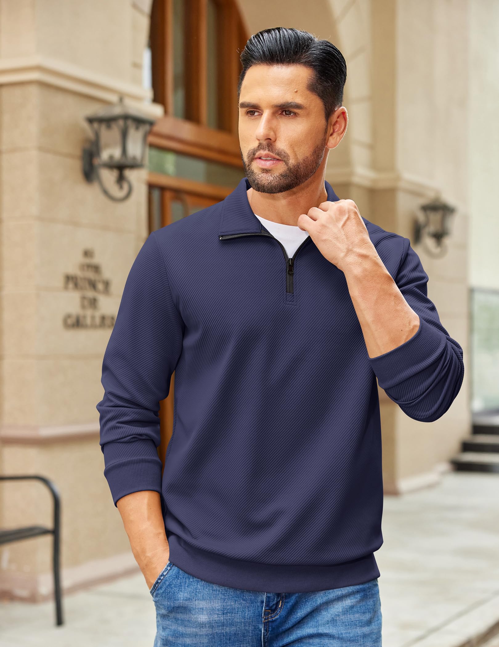 COOFANDY Mens Sweaters and Pullovers Light Weight 1/4 Zip Polo Sweatshirts Soft Stylish Quilted Sweatshirt Navy Blue