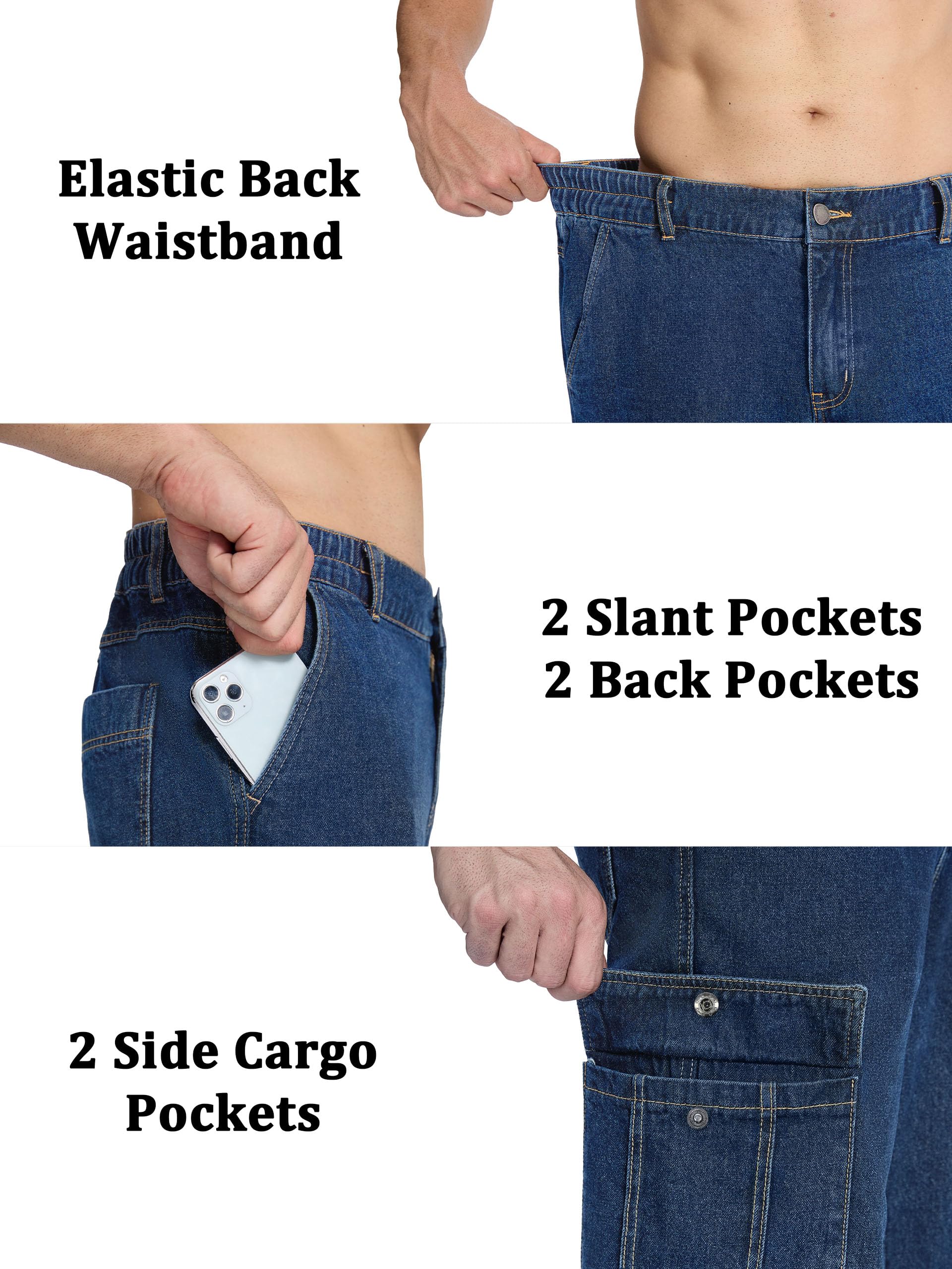 Tapata Short Men's Casual Cargo Pants Relaxed Fit Expandable Elastic Waist Denim Slacks with 6 Pockets Belt Loop Jeans, Blue, 36W x 28L
