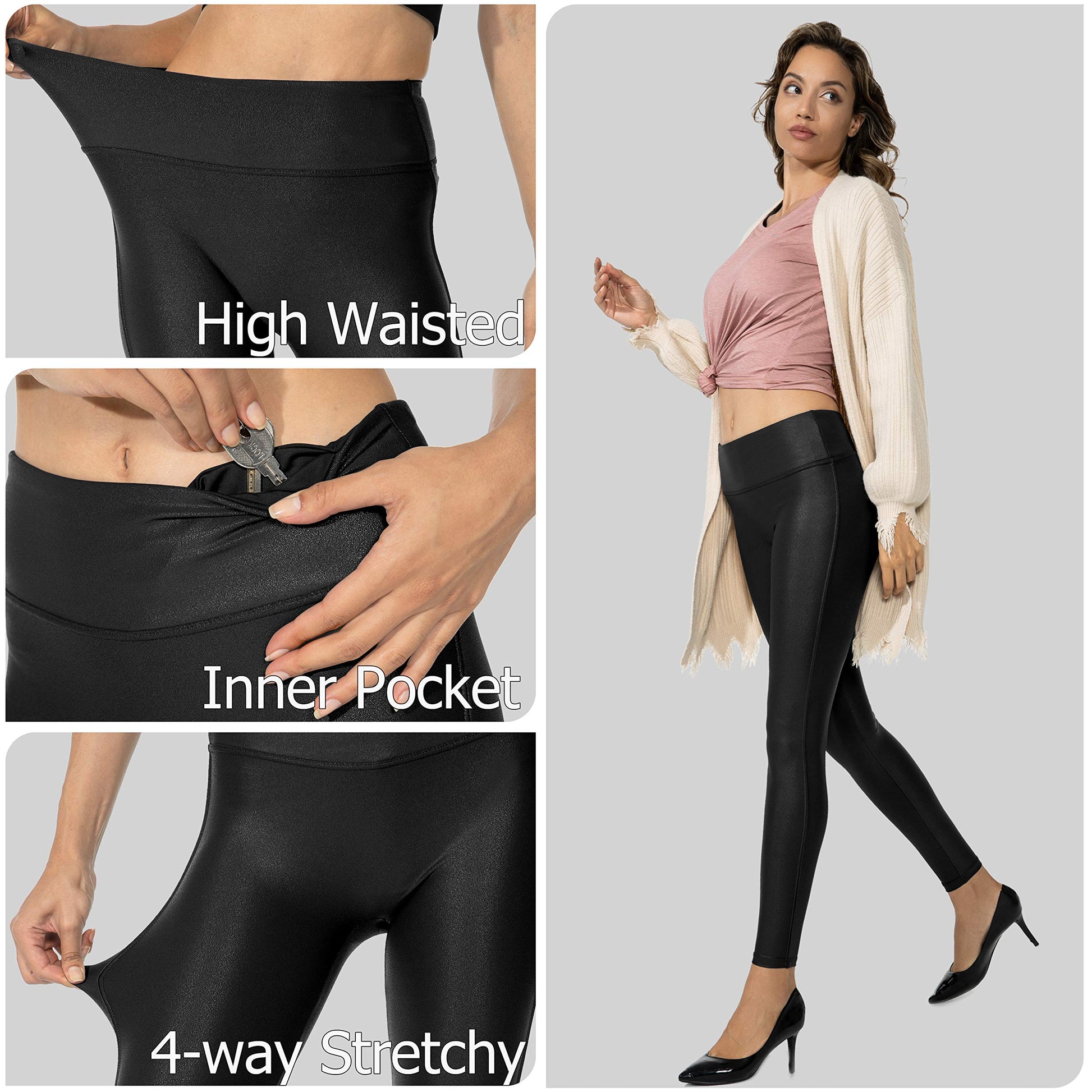 SANTINY Women's 25.5''/27'' Faux Leather Leggings Pants Stretch High Waisted Tights for Women(Black_L)