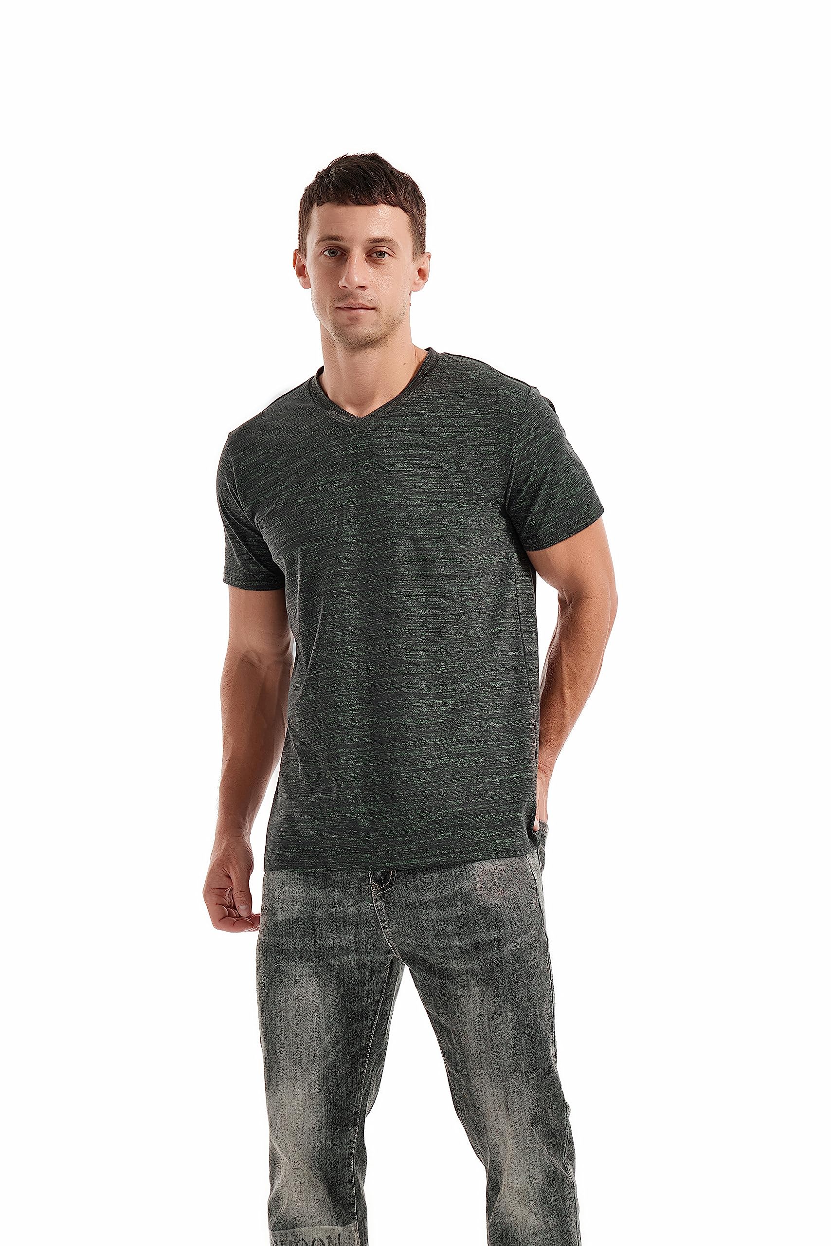 KLIEGOU Men's V Neck T Shirts - Casual Stylish Fitted Tees for Men 1 Black-Green XXL