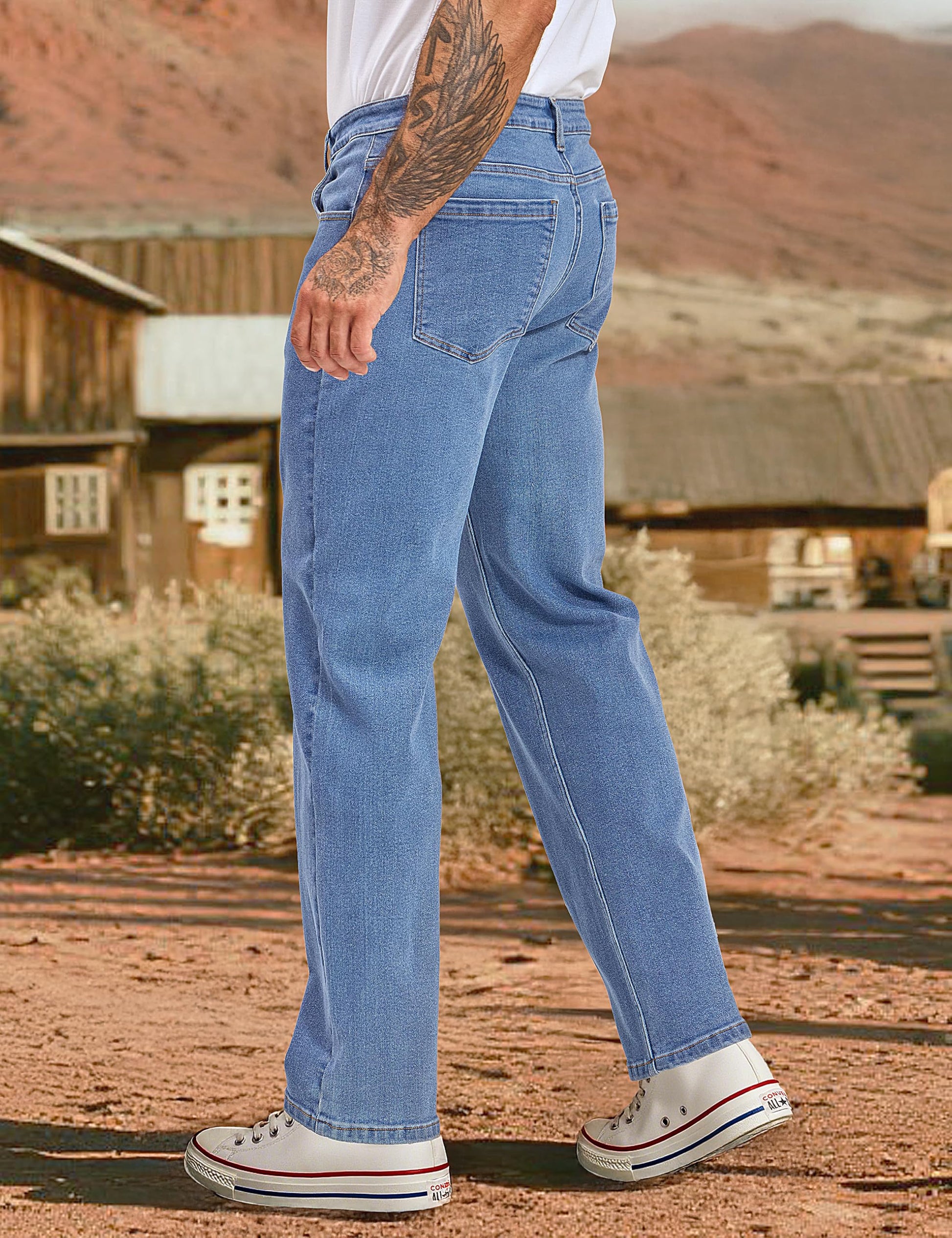 Ushdele Men's Regular Fit Stretch Jeans Straight Leg 5-Pocket Classic Comfort Flex Denim Pants Vintage Blue 34W32L