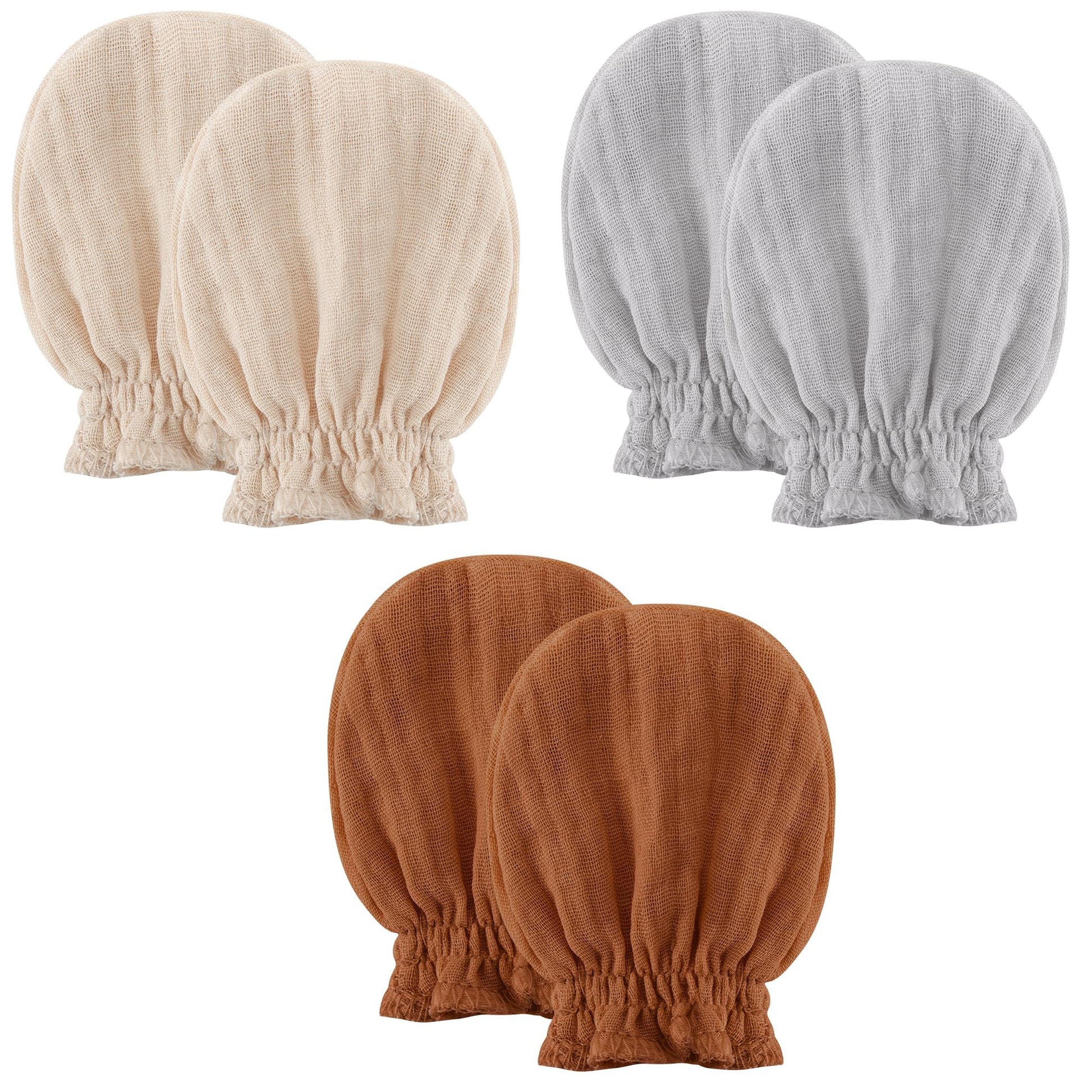 Pro Goleem 3-Pack Muslin Baby Mittens for Newborn, 100% Cotton No Scratch Soft Breathable Gloves with Elastic Strap for Baby Boy and Girls 0-6 months, Brown Beige Grey