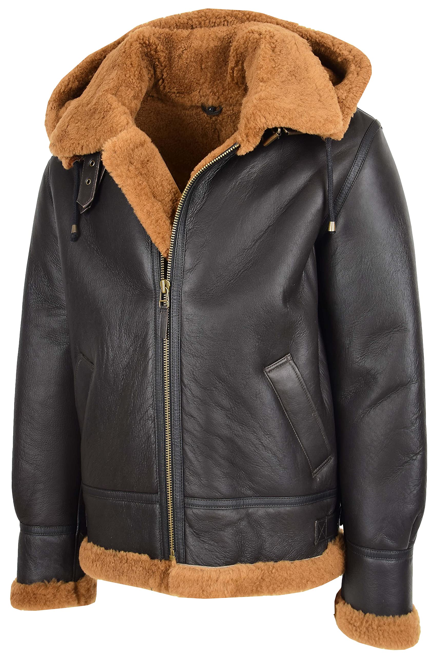 Mens B3 Sheepskin Jacket Detachable Hoodie Shearling Ruben Brown Ginger (2XL)