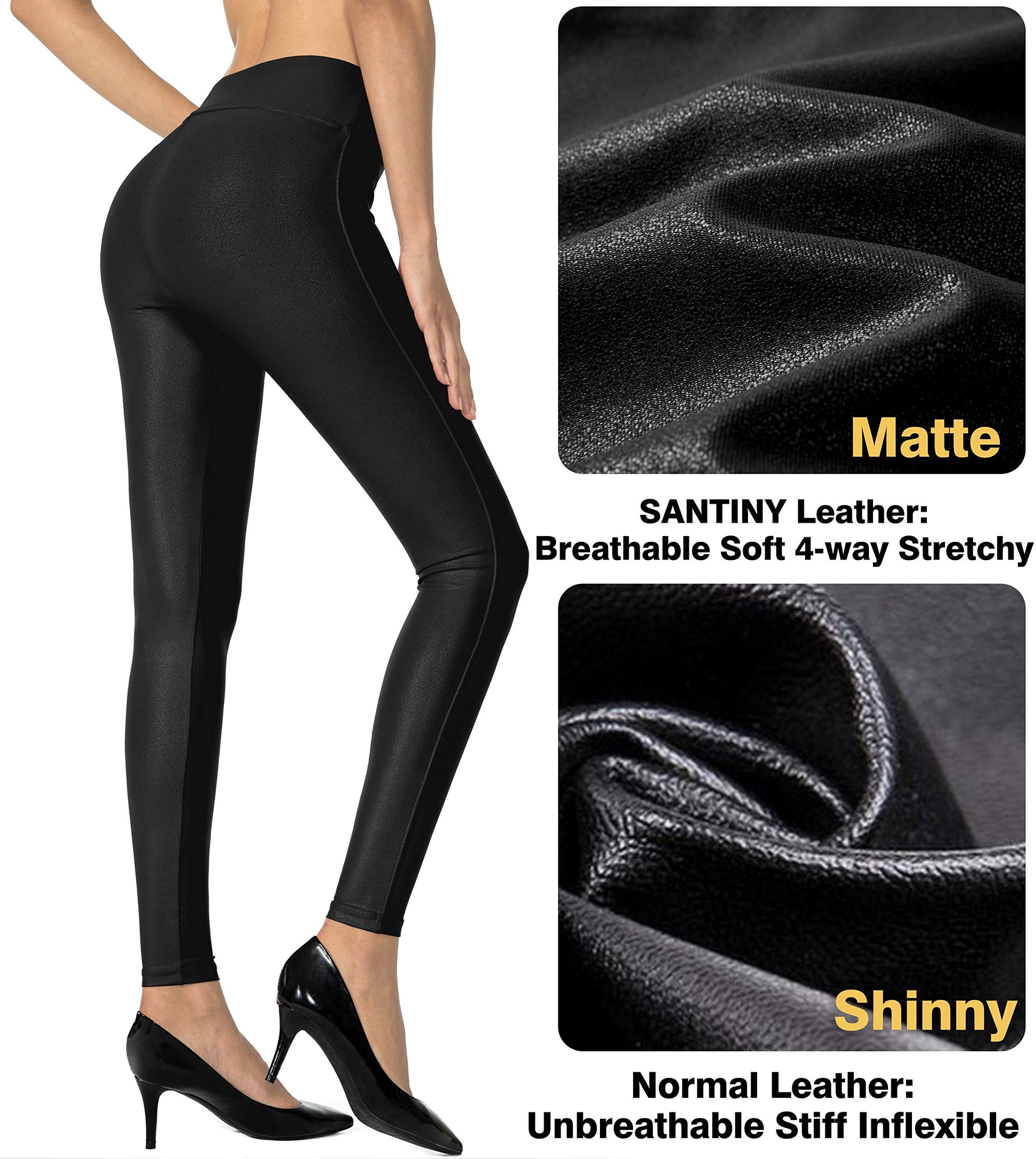 SANTINY Women's 25.5''/27'' Faux Leather Leggings Pants Stretch High Waisted Tights for Women(Black_L)
