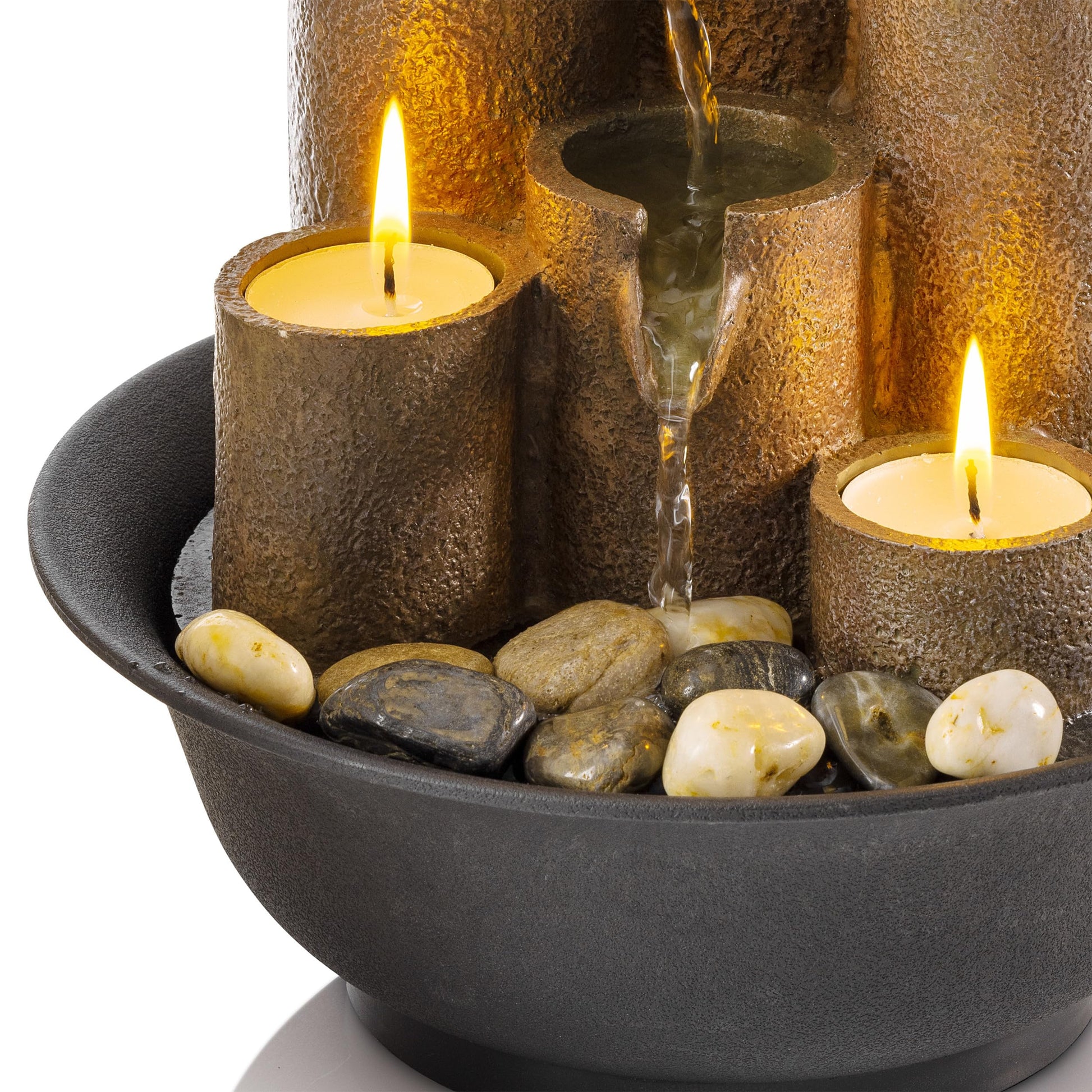 Alpine Corporation WCT202 Indoor Tabletop Tiered Water Fountain Featuring 3 Candles for Desktop and Table, 11", Brown