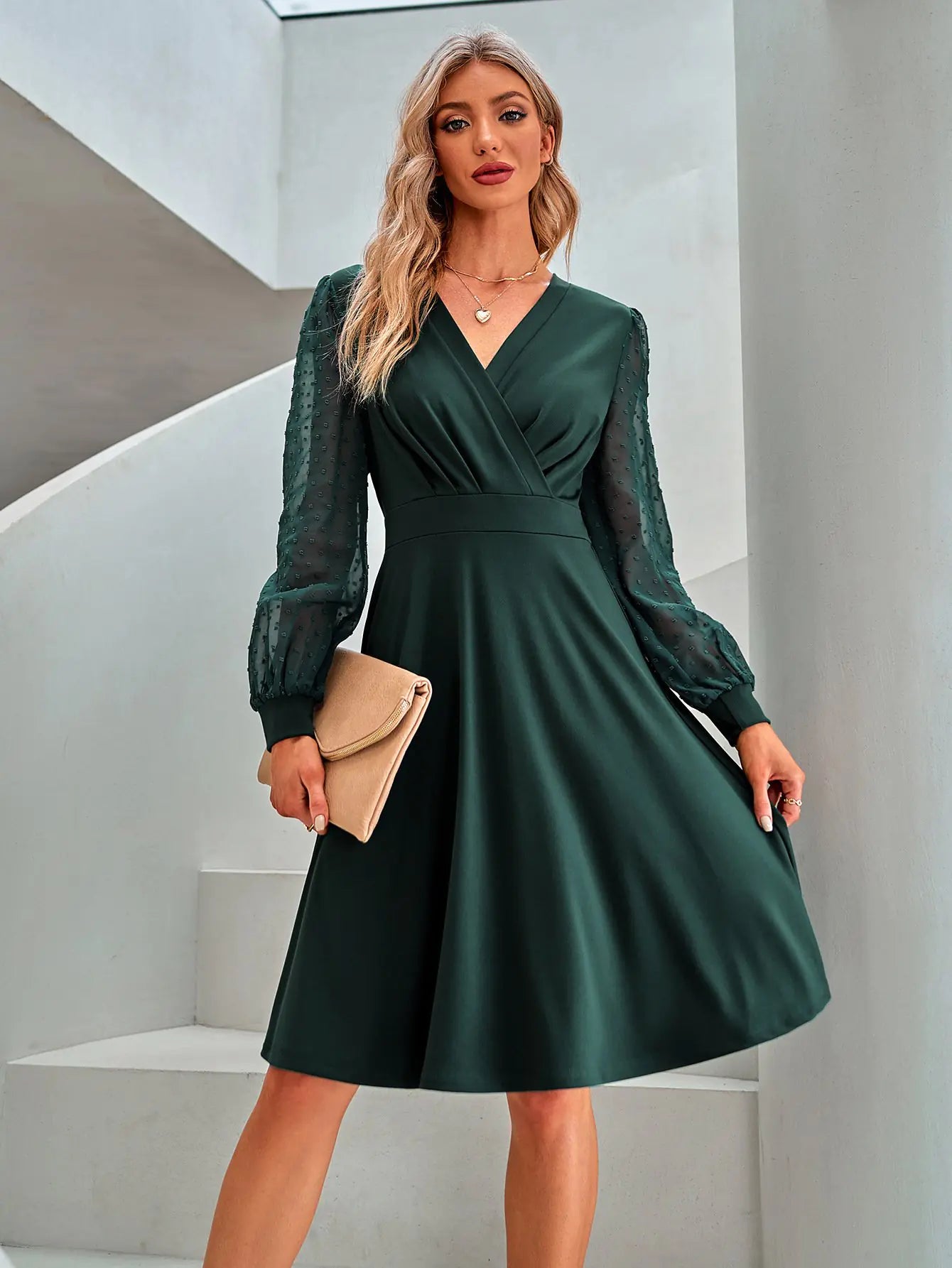 Trend V-neck Solid Color Jacquard Dress