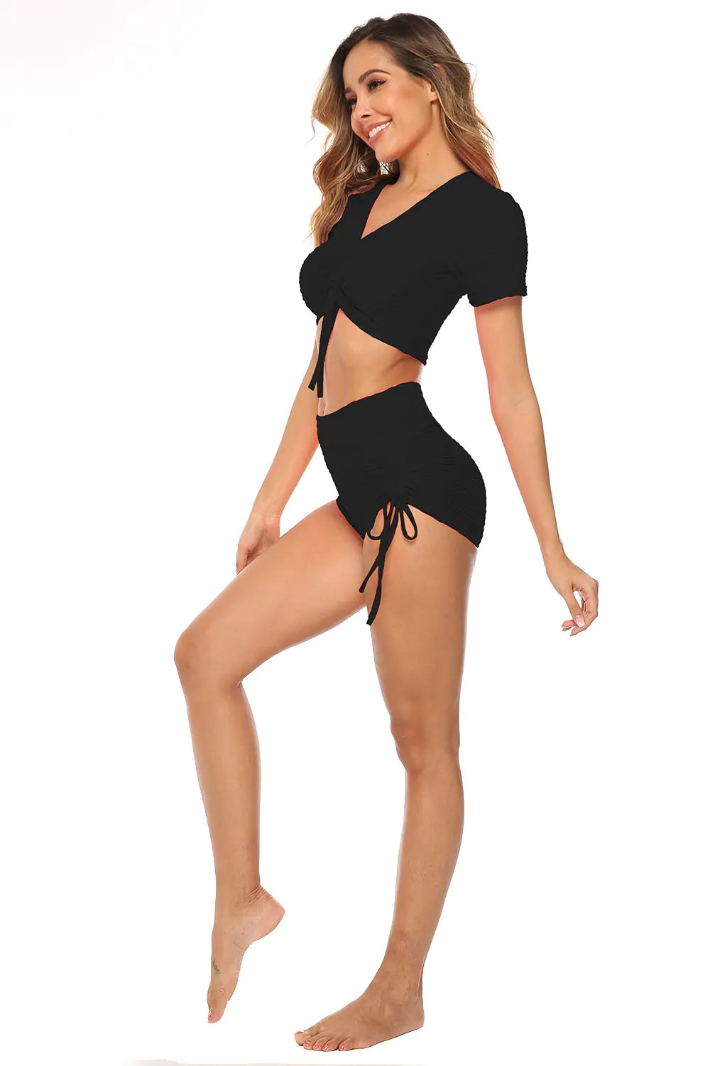 Women's Drawstring Short Sleeve Yoga Set 2025 Trend