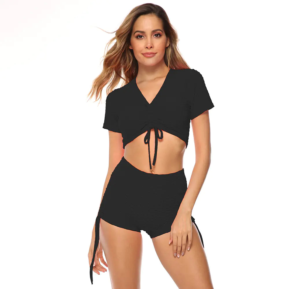 Women's Drawstring Short Sleeve Yoga Set 2025 Trend