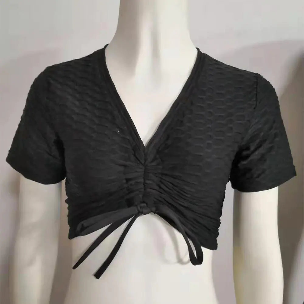 Women's Drawstring Short Sleeve Yoga Set 2025 Trend