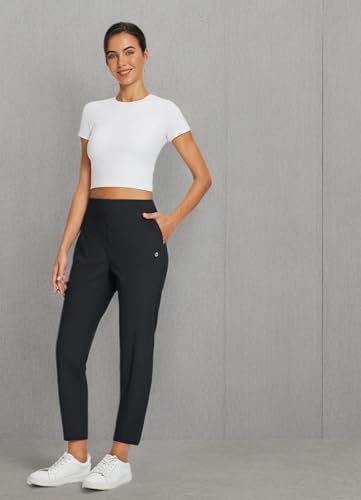 baleaf Womens Travel Pants Petite Stretch with Zipper Pockets Golf Ankle Dress Work Business Casual Slacks Teacher Black M