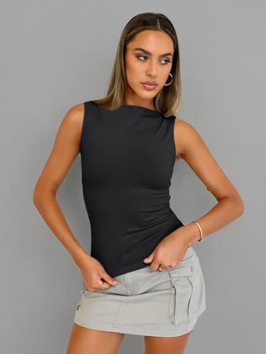 Trendy Queen Women Going Out Casual Tank Tops Spring Summer Basic Cute 2024 Sleeveless Shirt Y2K Fashion Outfit Clothes Black S