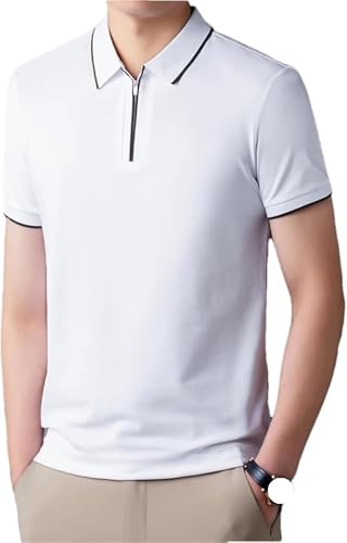 Men Cotton Polo Shirt Short Sleeve Zipper Business Casual Office Wear Regular Fit Comfortable Breathable Stylish T-Shirt(White,Medium)