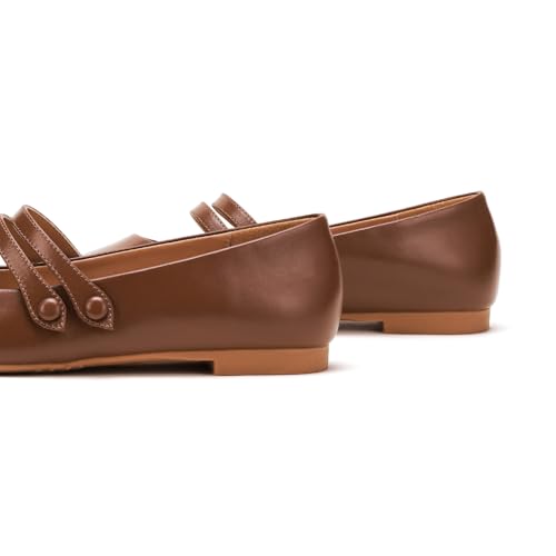 C.Paravano Women's Flats | Women's Mary Jane Flats | Square Toe Shoes | Genuine Leather | Dress Shoes with Straps(Size 9,Brown)