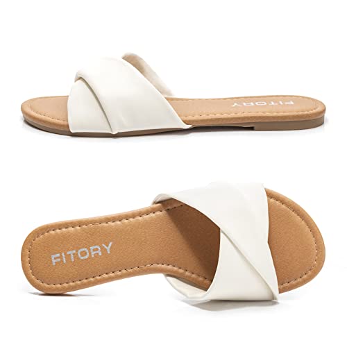 FITORY Women's Flat Sandals Fashion Slides With Soft Leather Slippers for Summer White Size 8